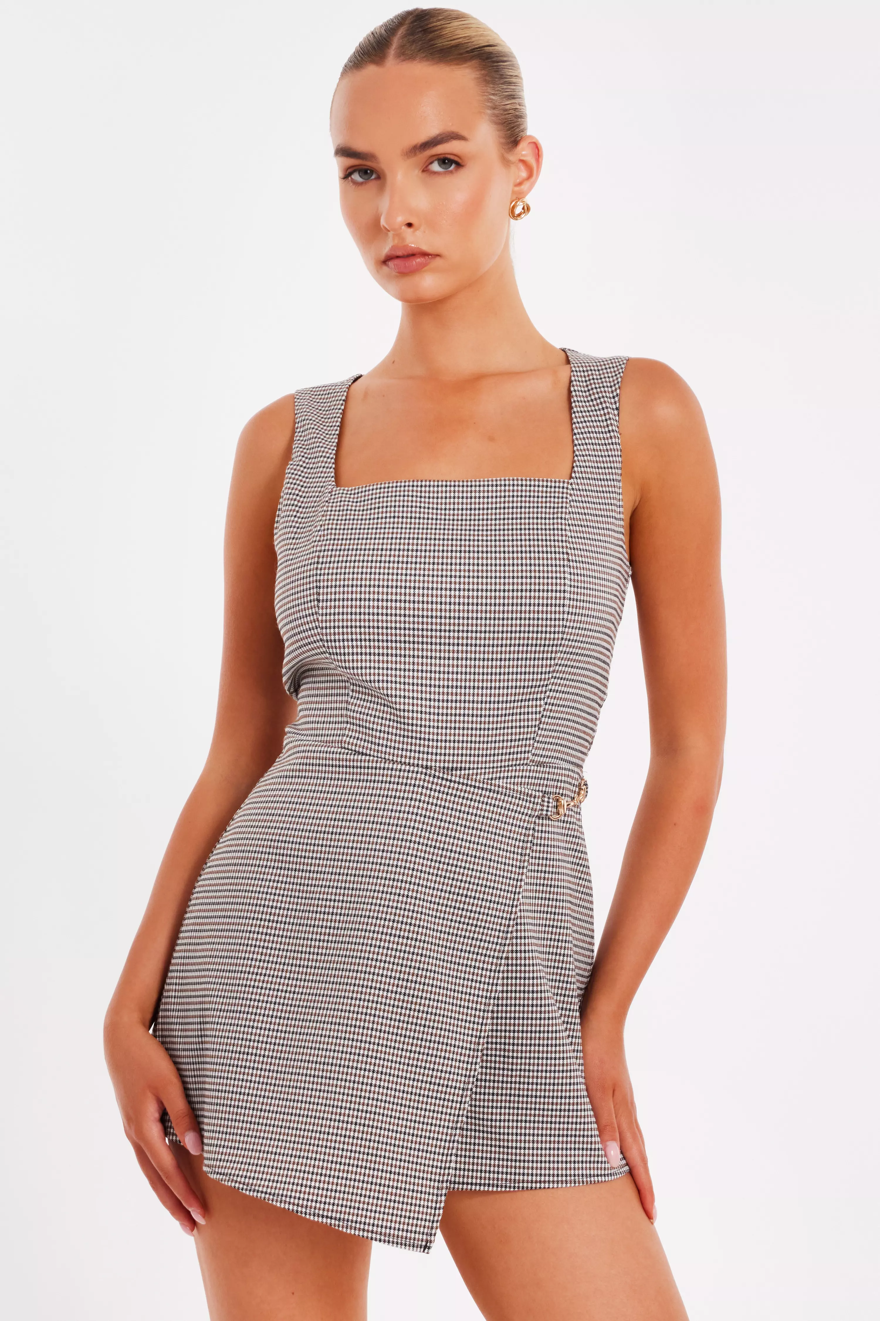 Brown Checked Playsuit