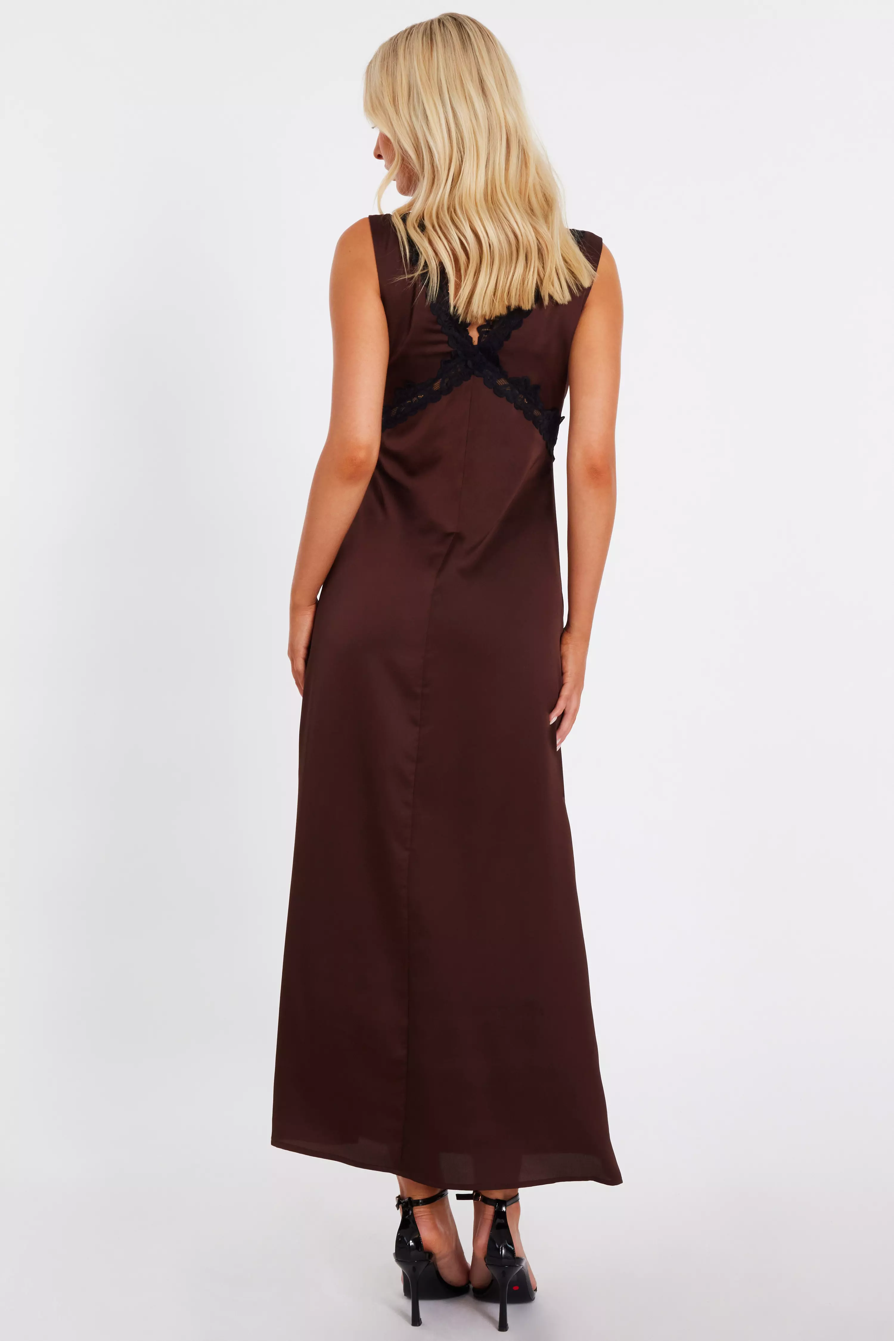 Brown Lace Trim Midaxi Dress