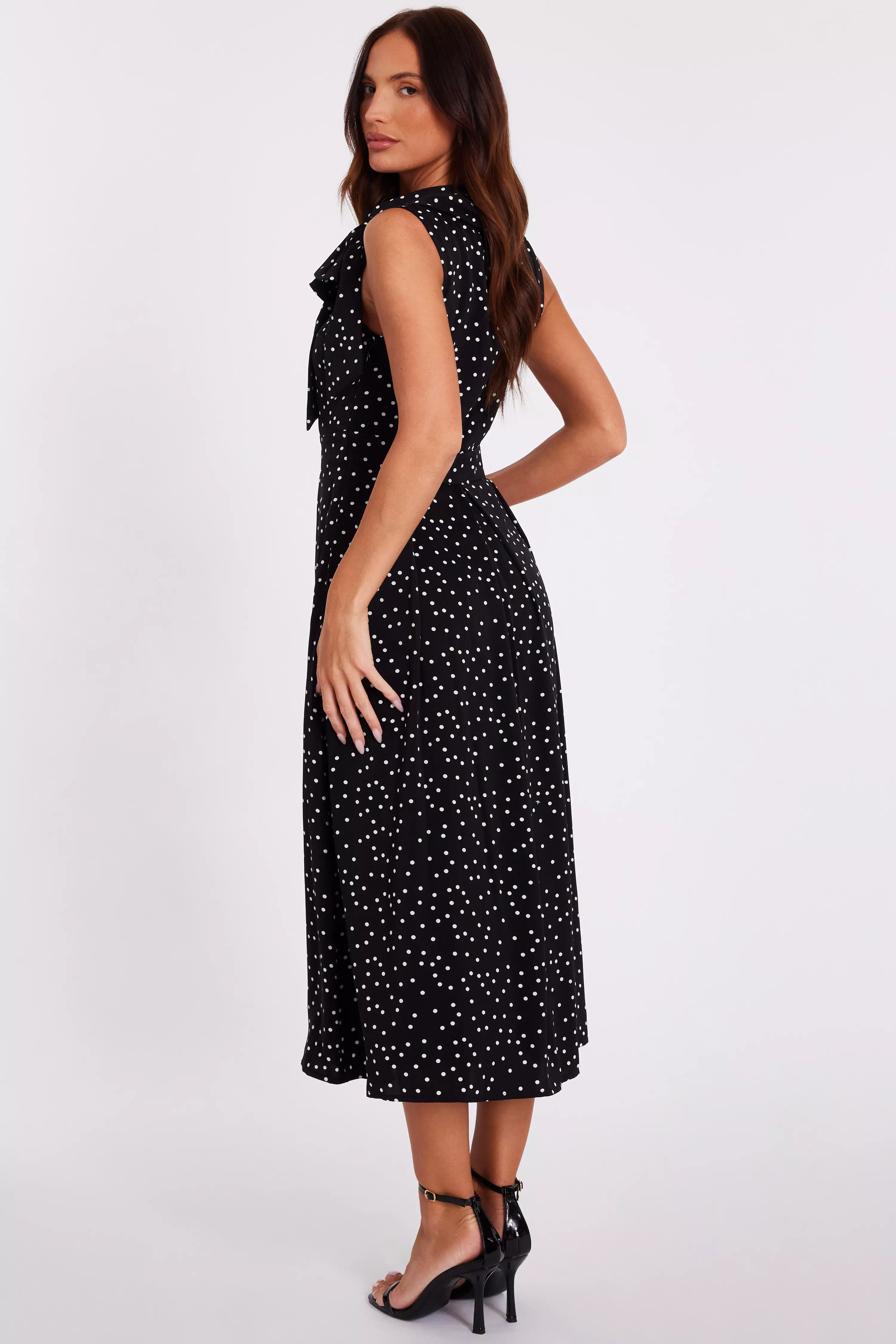 Black Tie Neck Polka Dot Midaxi Dress