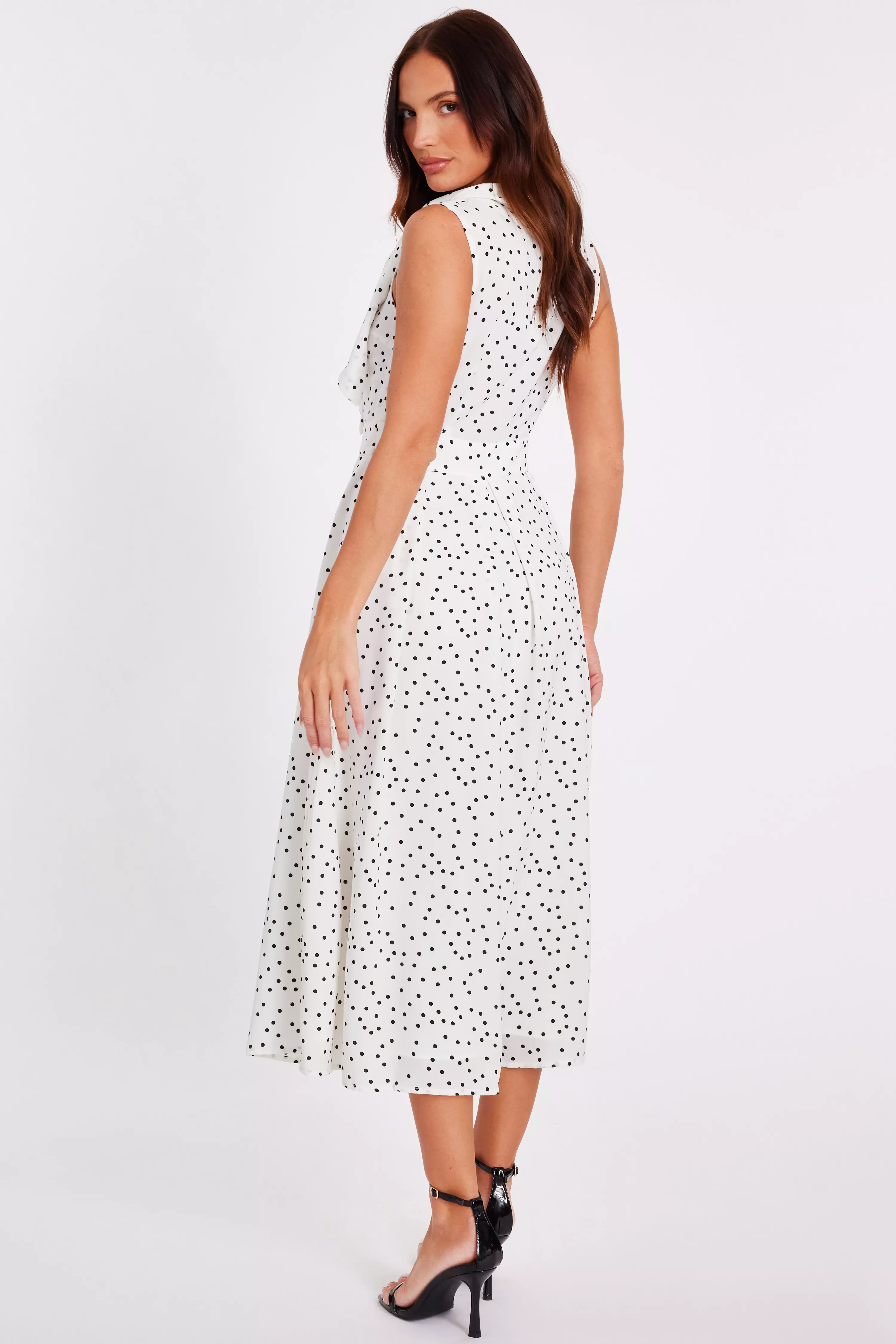 White Tie Neck Polka Dot Midaxi Dress