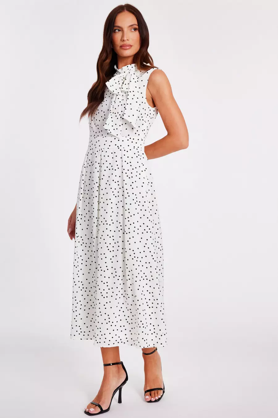 White Tie Neck Polka Dot Midaxi Dress - QUIZ Clothing