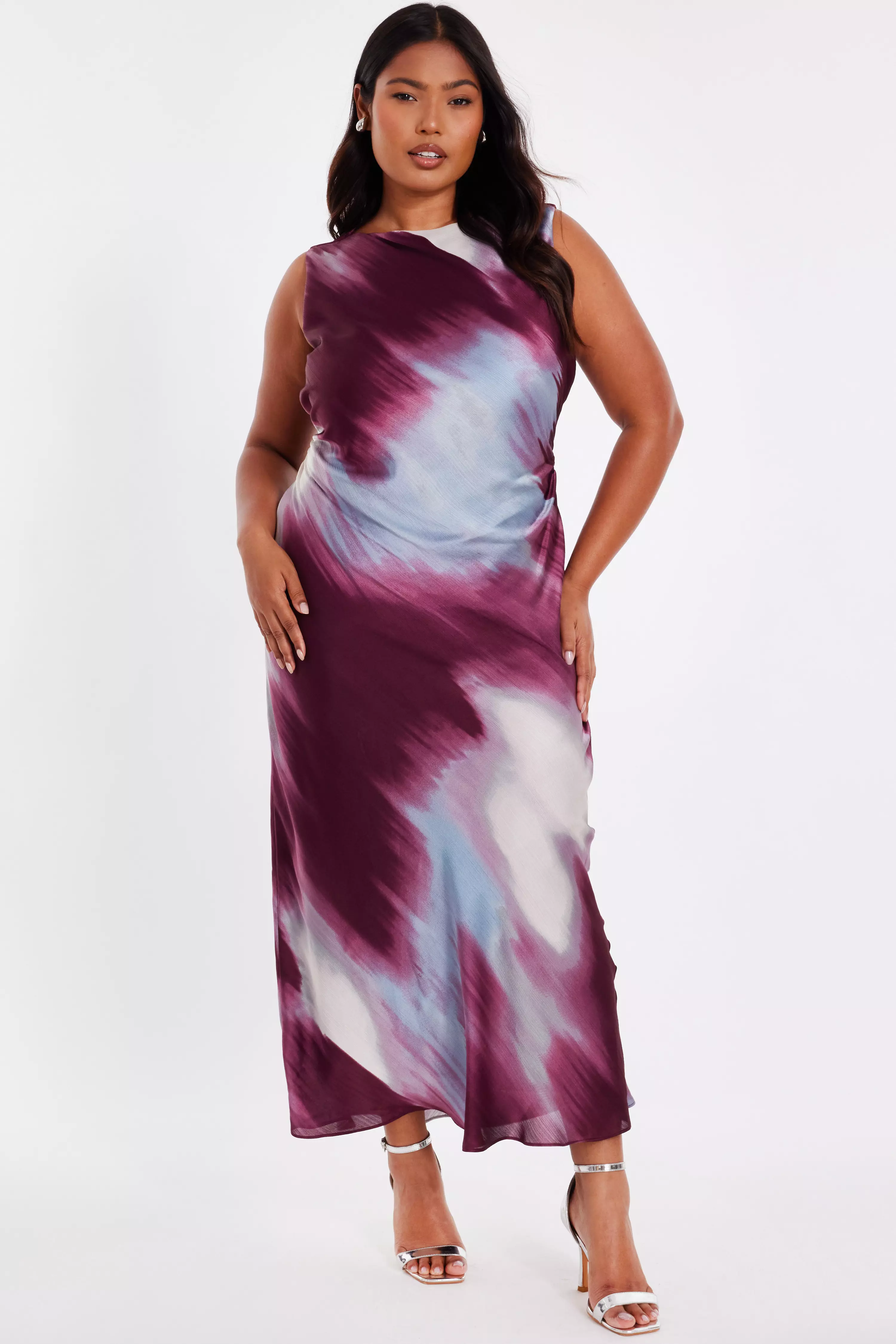 Curve Dark Red Printed Satin Midaxi Dress