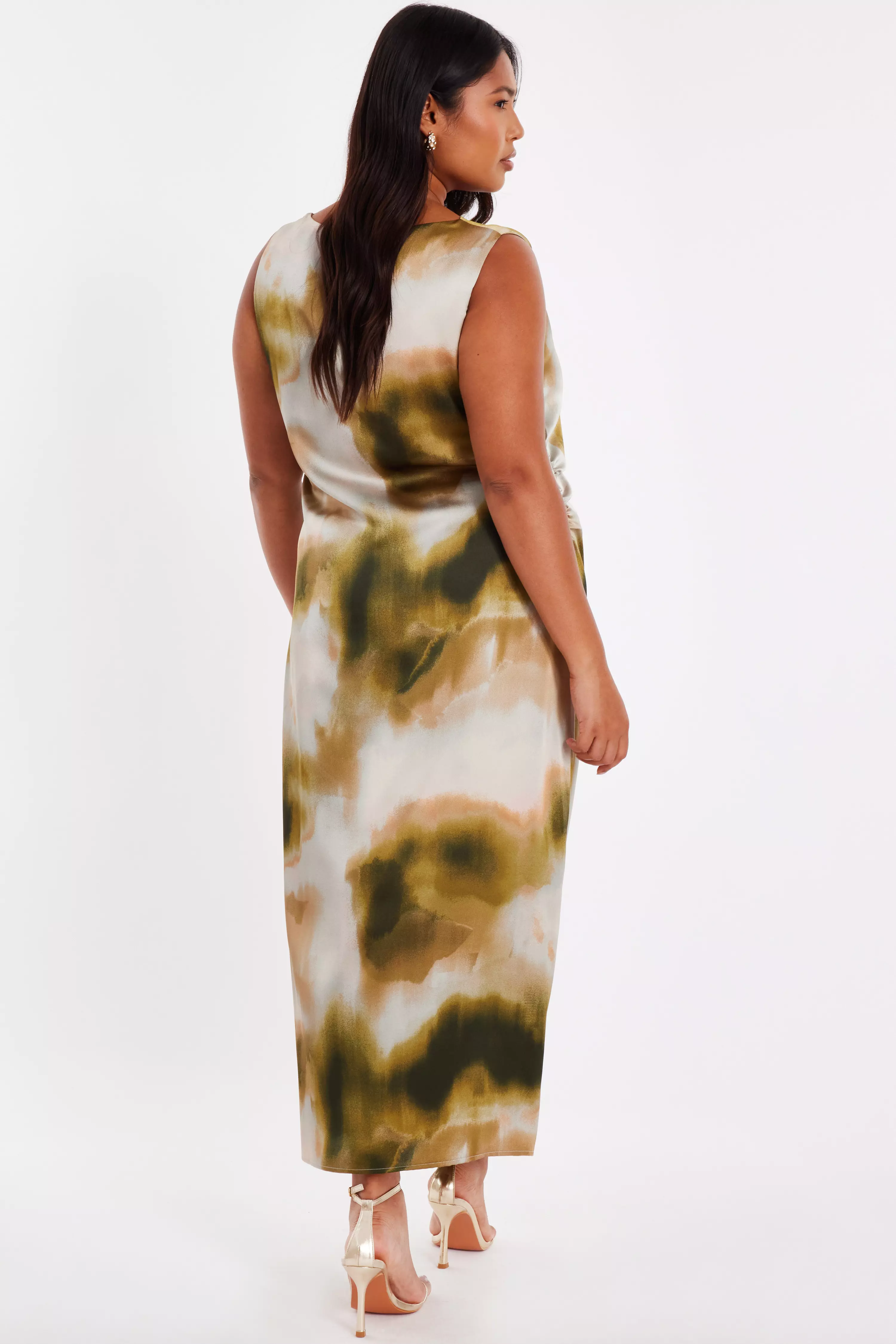 Curve Khaki Printed Satin Midaxi Dress