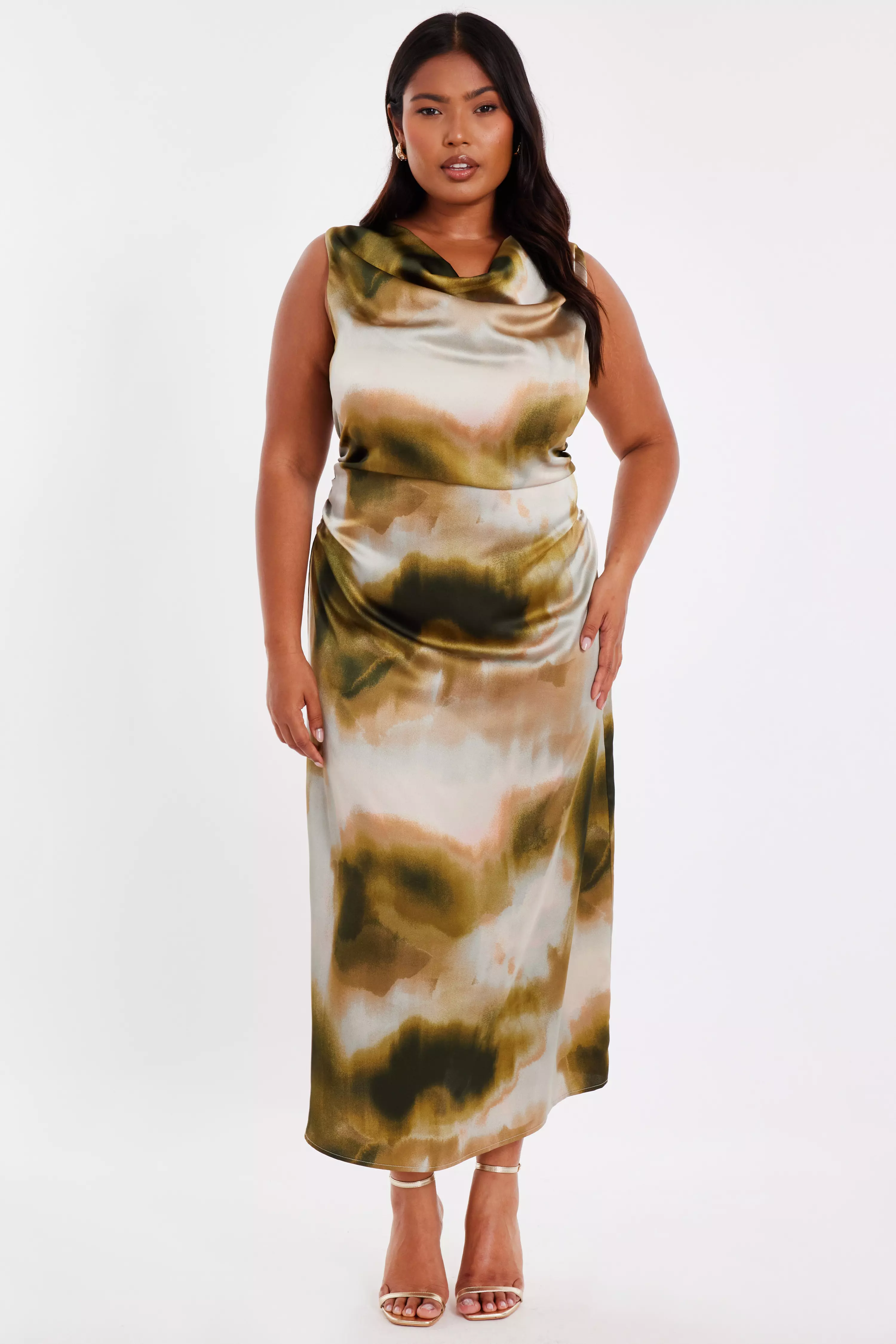Curve Khaki Printed Satin Midaxi Dress