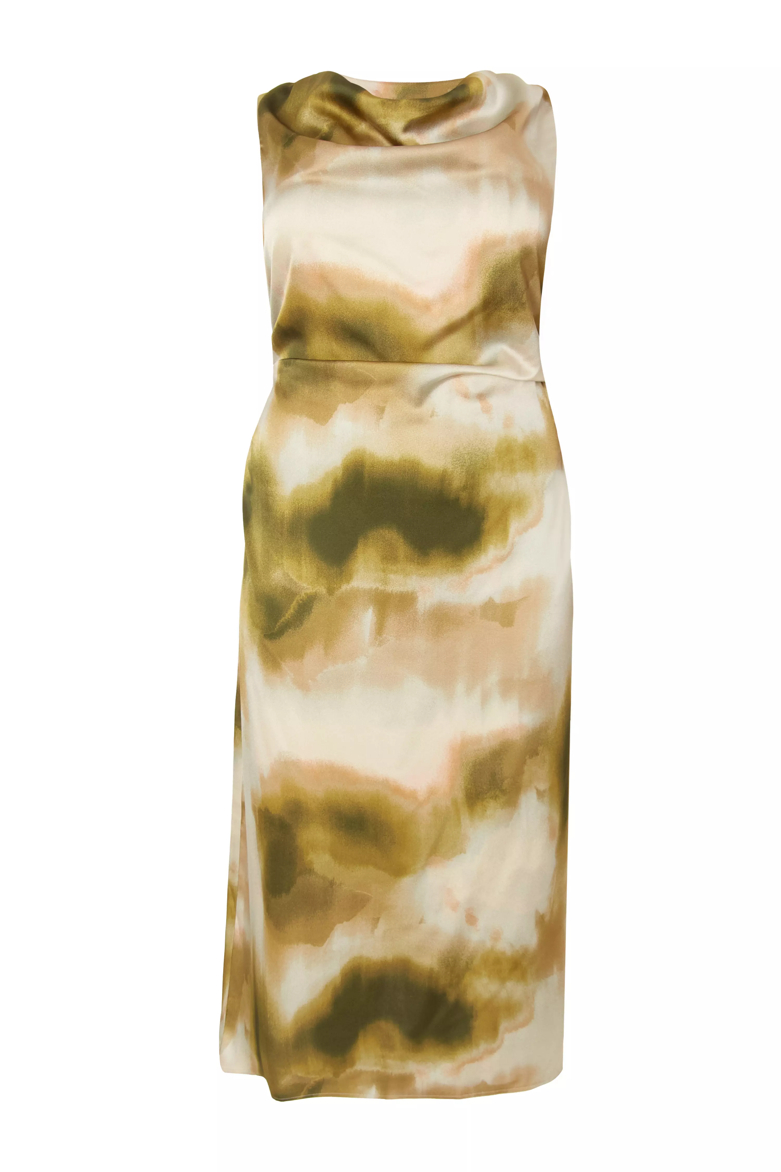 Curve Khaki Printed Satin Midaxi Dress