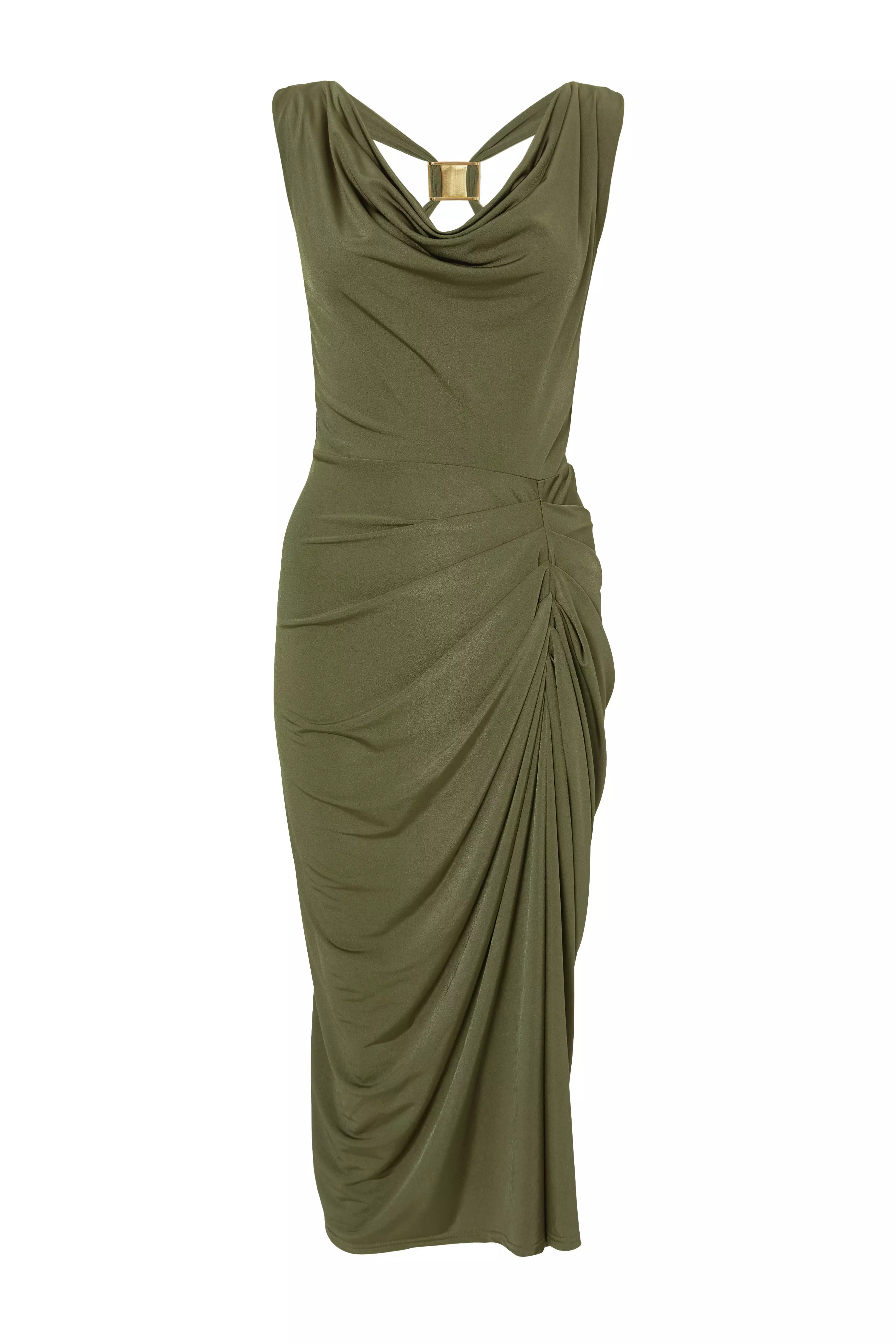 Petite Khaki Cowl Neck Midi Dress
