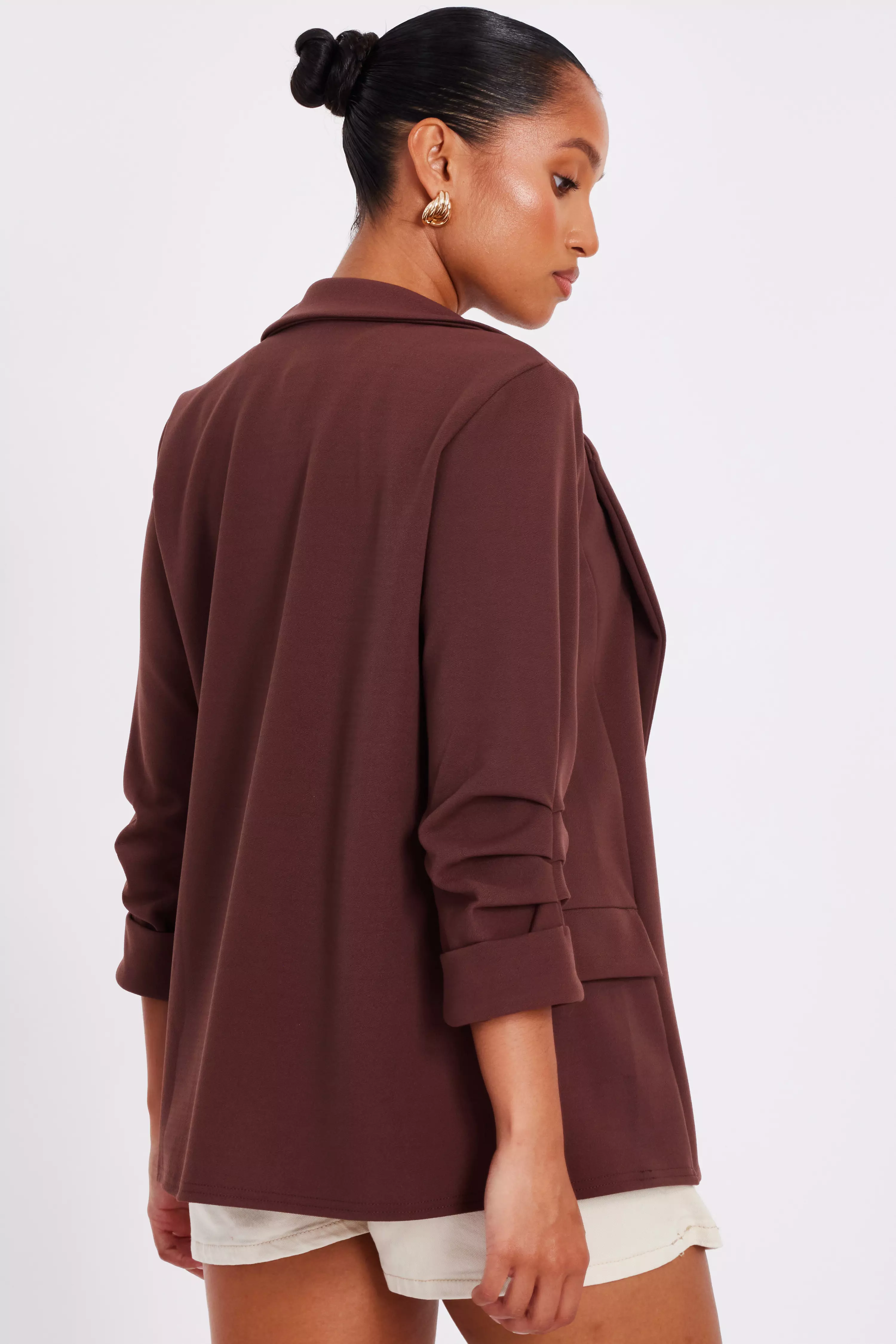Petite Brown Ruched Sleeve Blazer