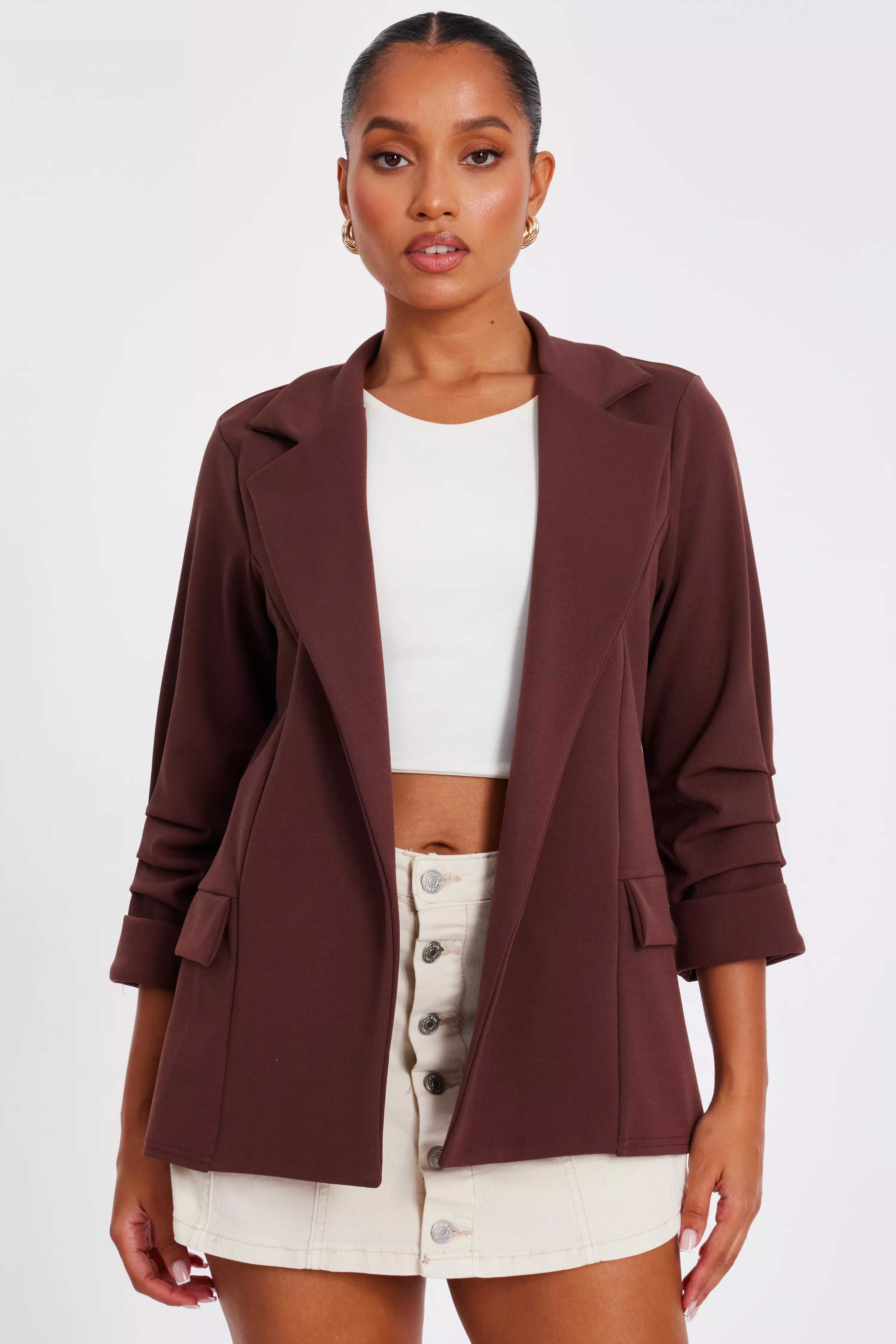 Petite Brown Ruched Sleeve Blazer