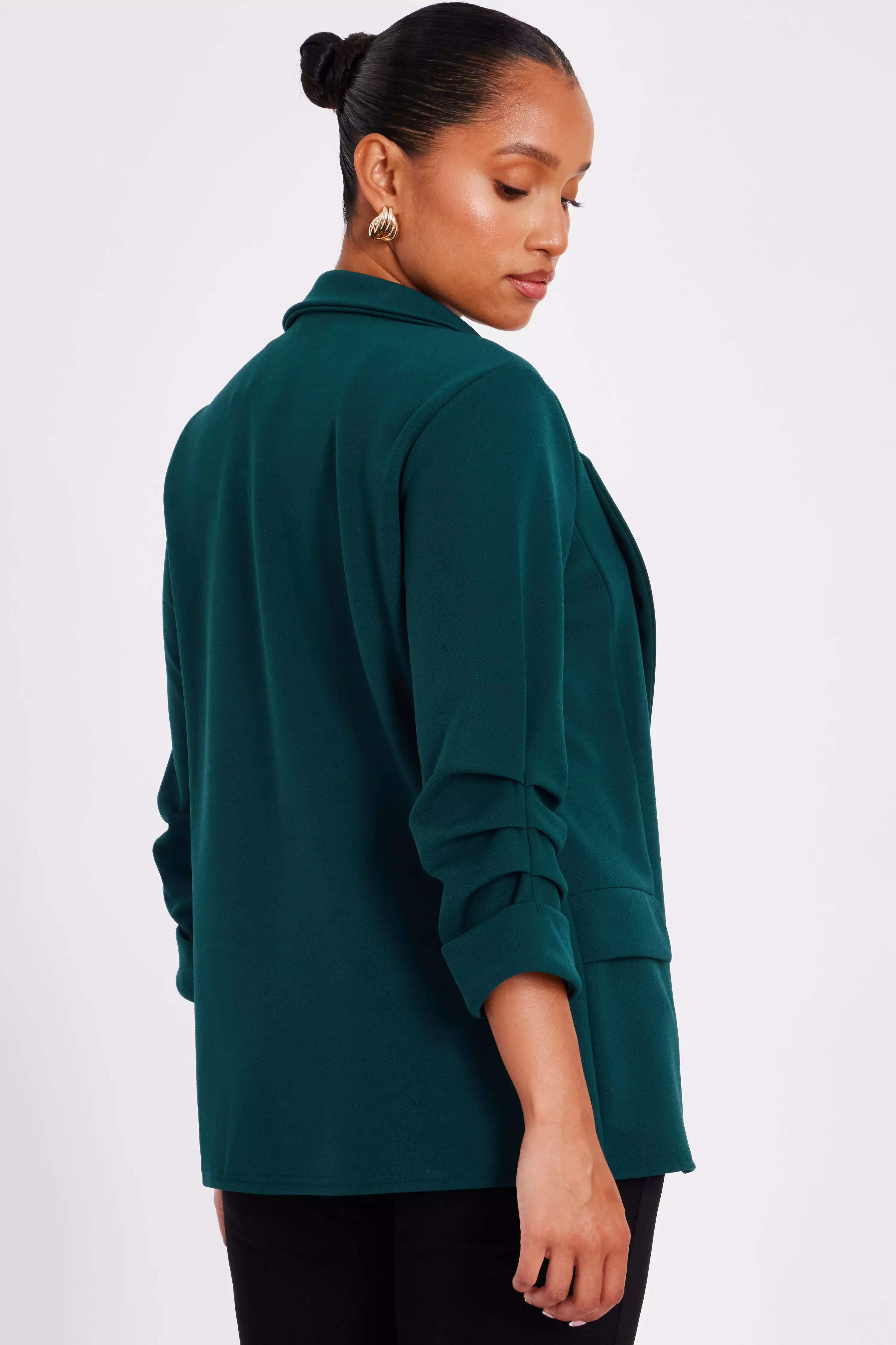 Petite Bottle Green Ruched Sleeve Blazer