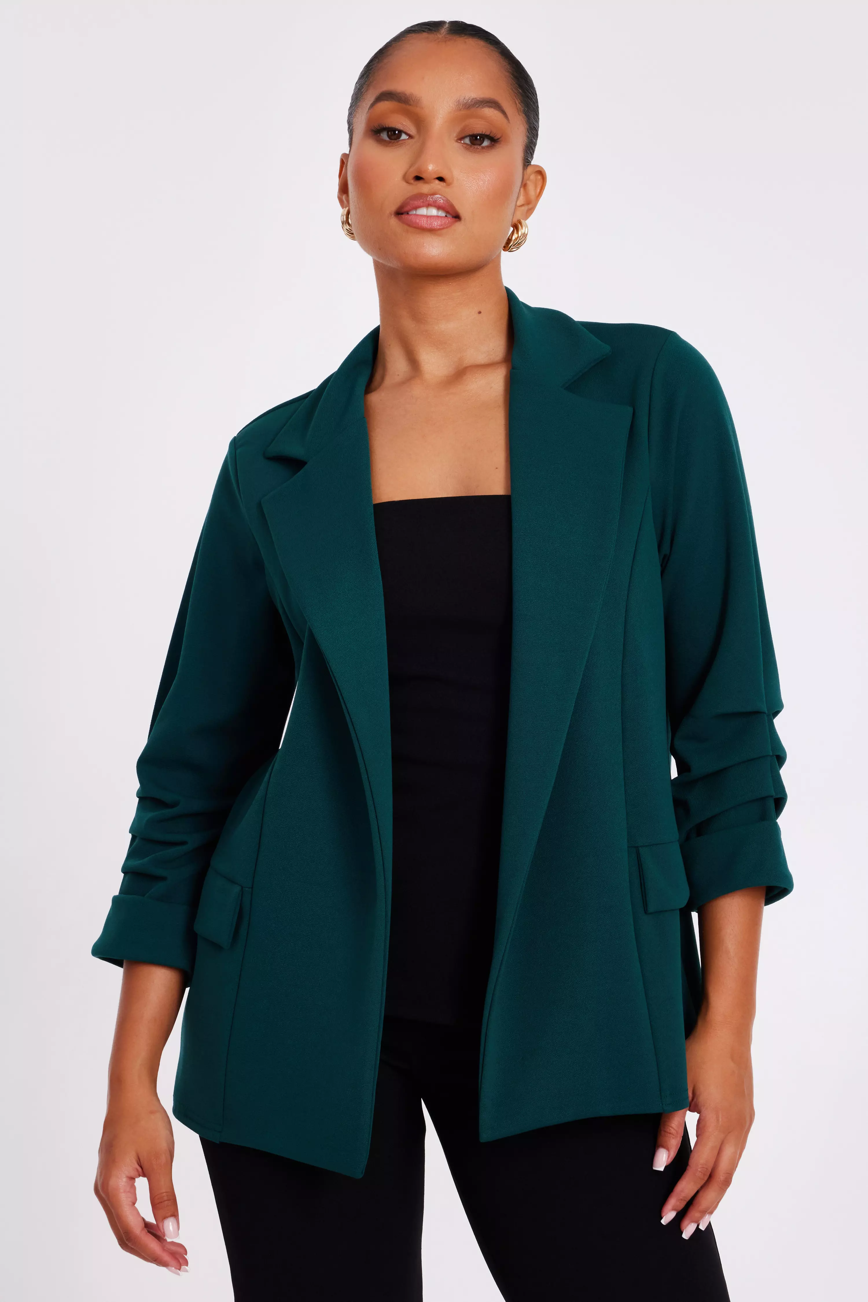 Petite Bottle Green Ruched Sleeve Blazer