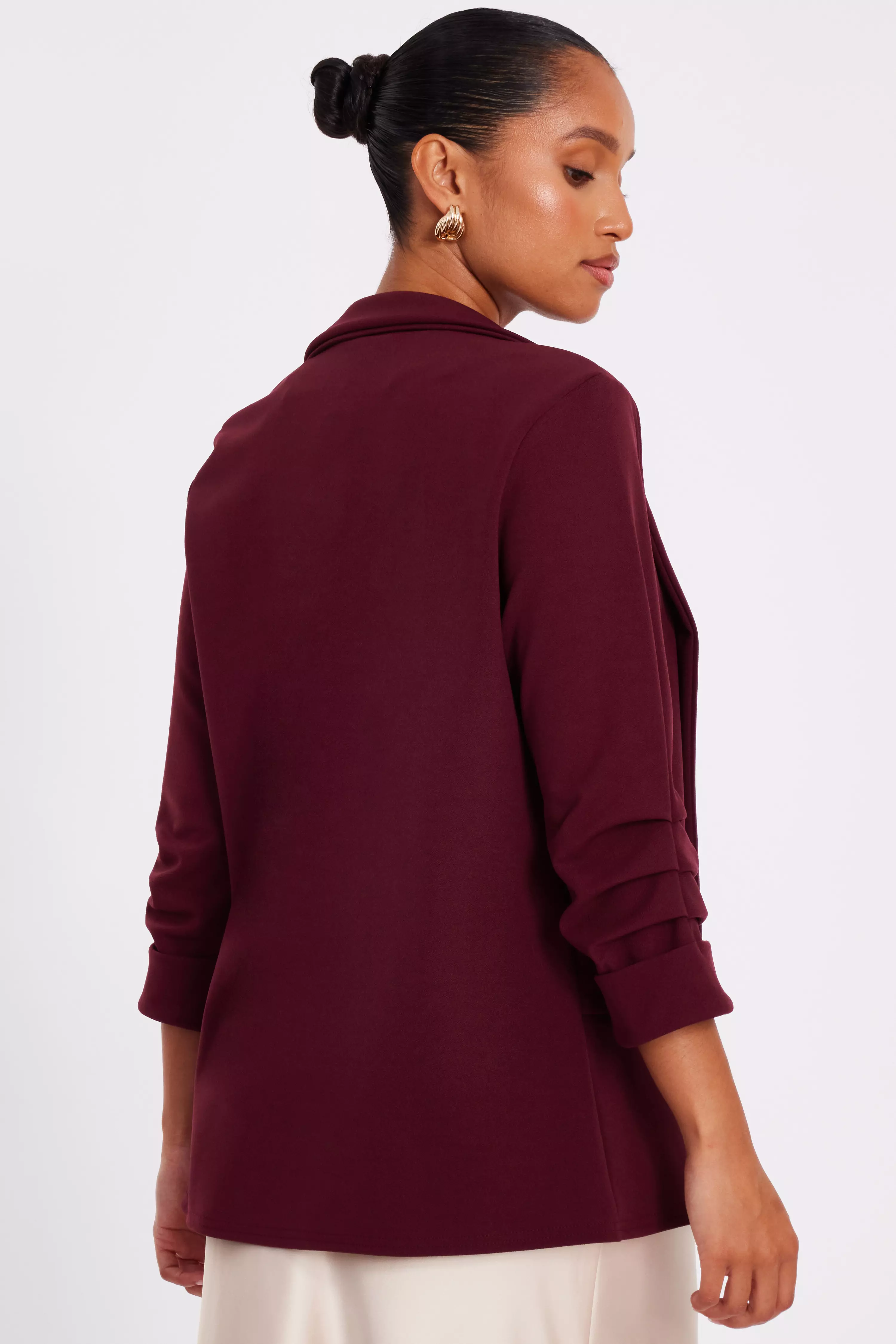 Petite Dark Red Ruched Sleeve Blazer