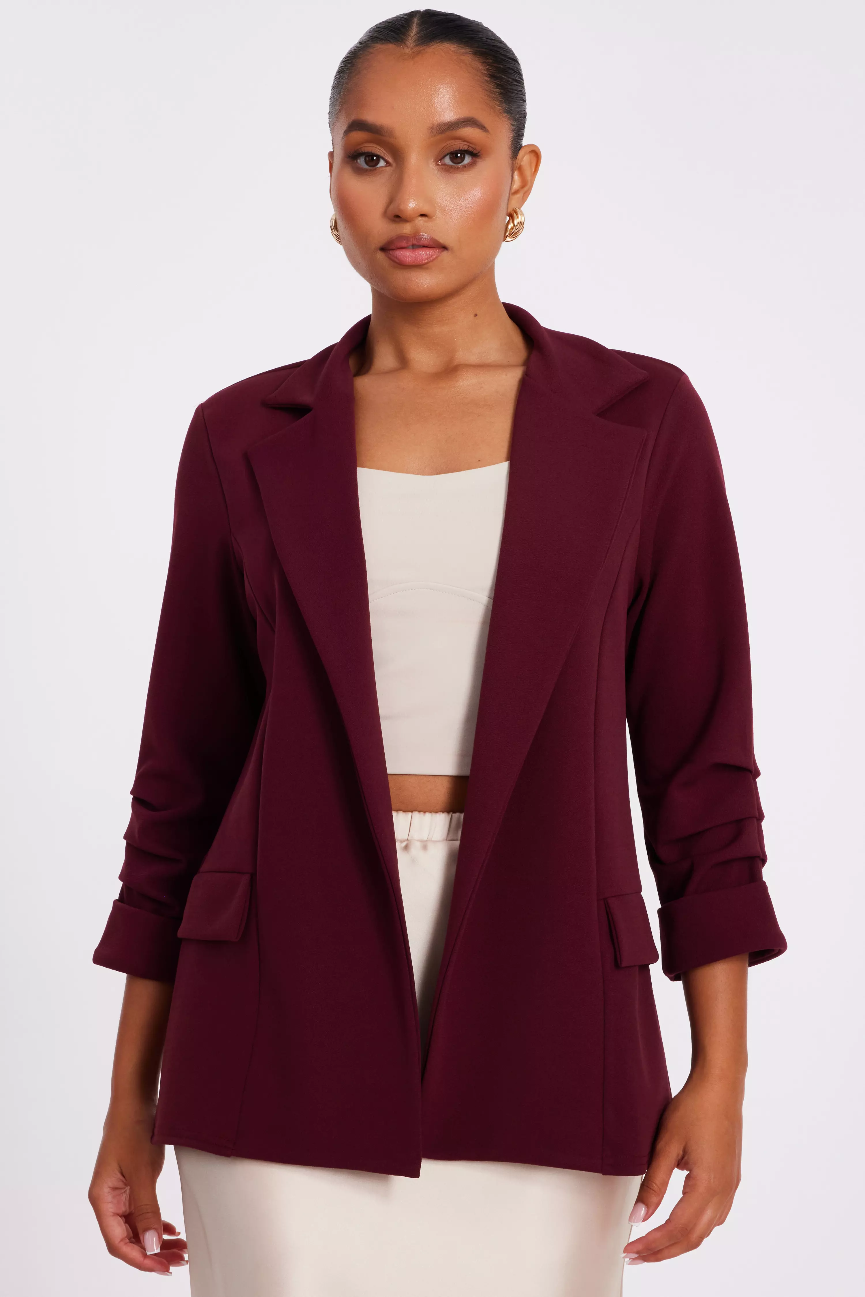 Petite Dark Red Ruched Sleeve Blazer