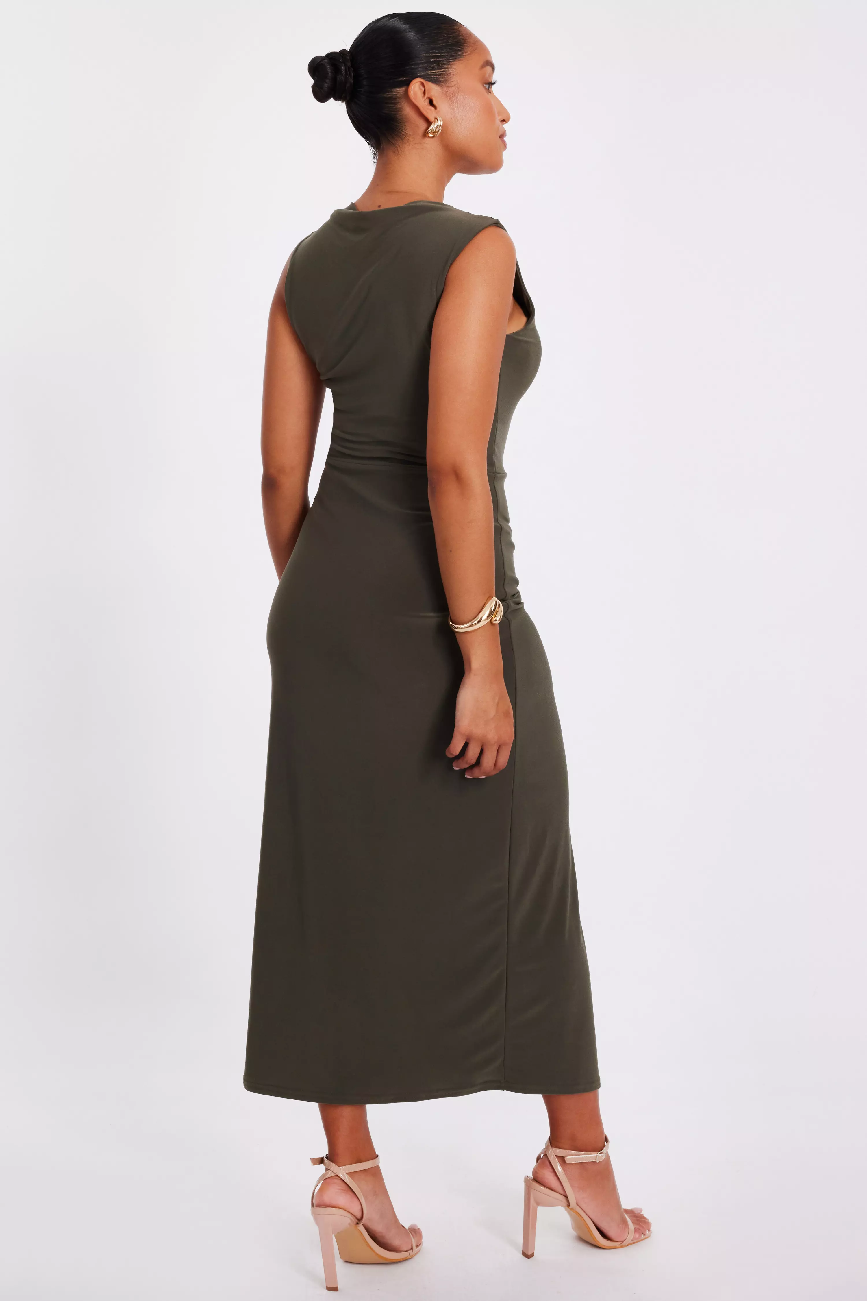 Petite Khaki Ruched Bodycon Midaxi Dress