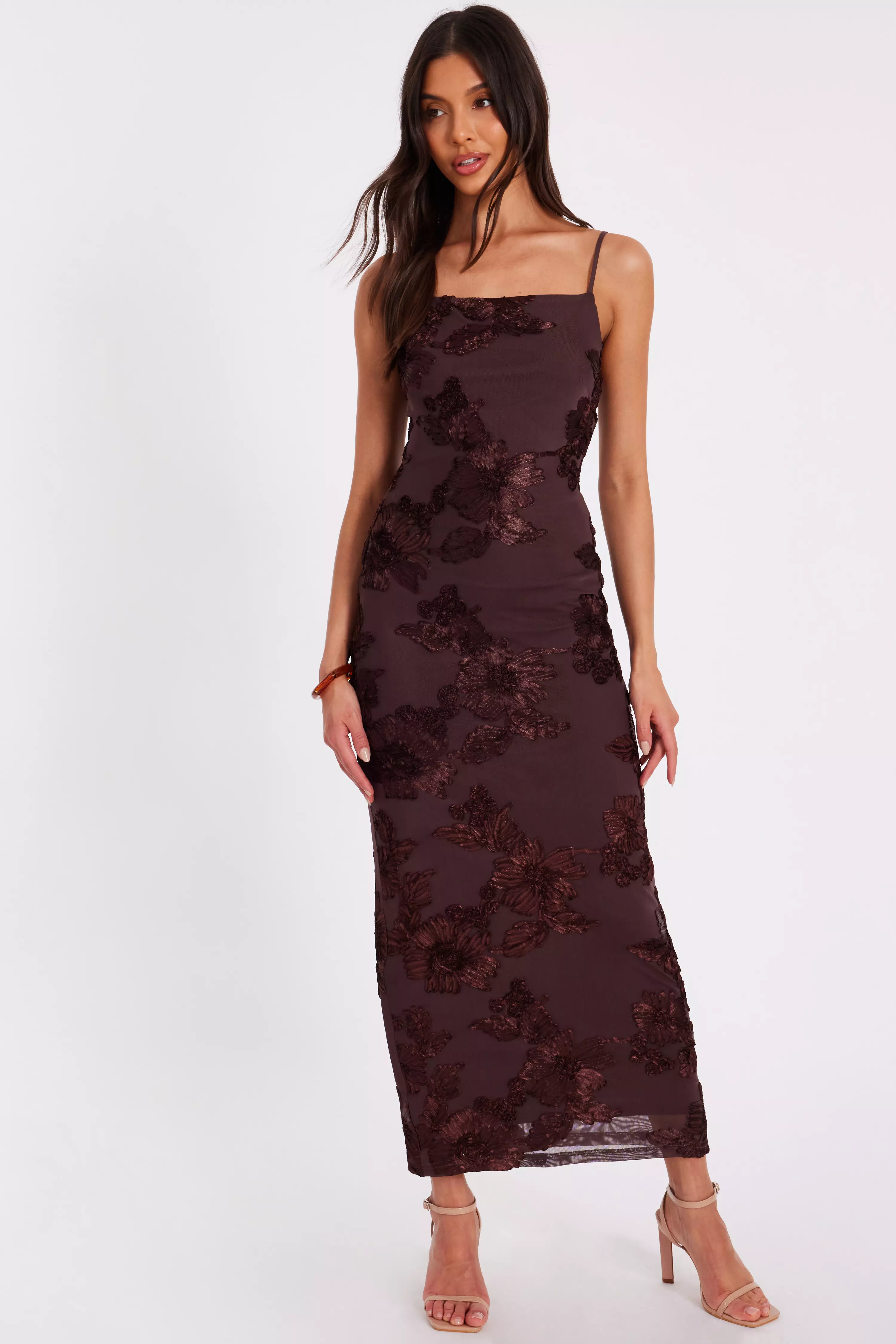 Brown Floral Applique Midaxi Dress
