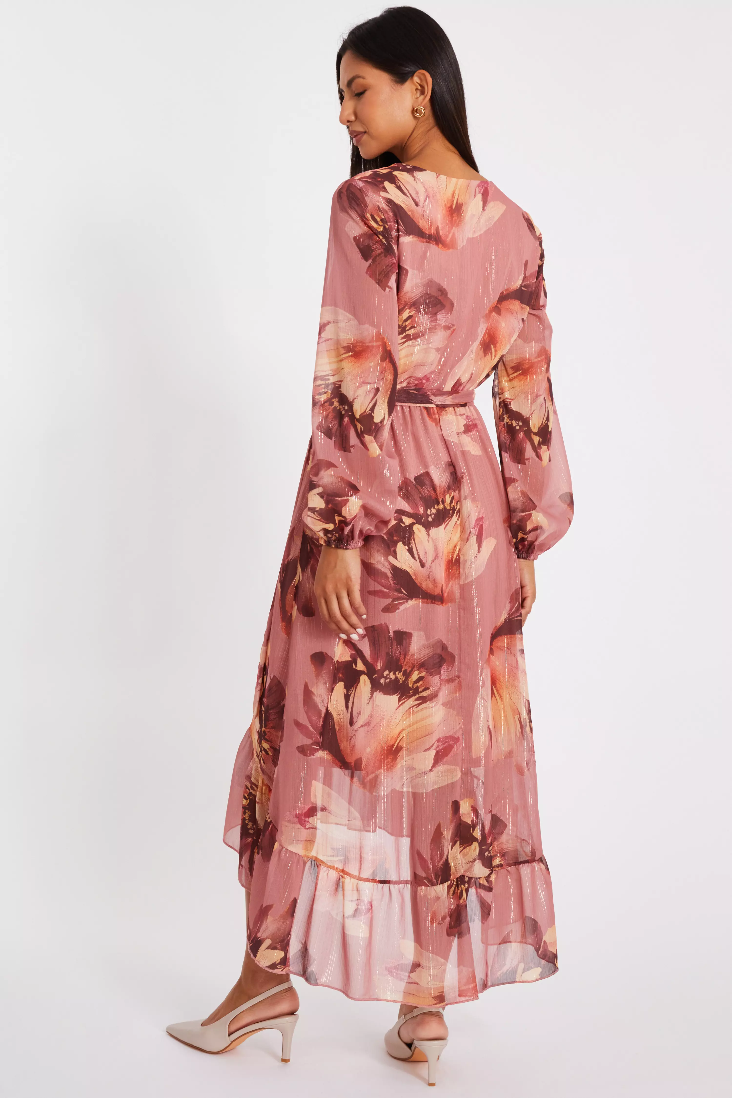 Mauve Floral Dip Hem Midaxi Dress