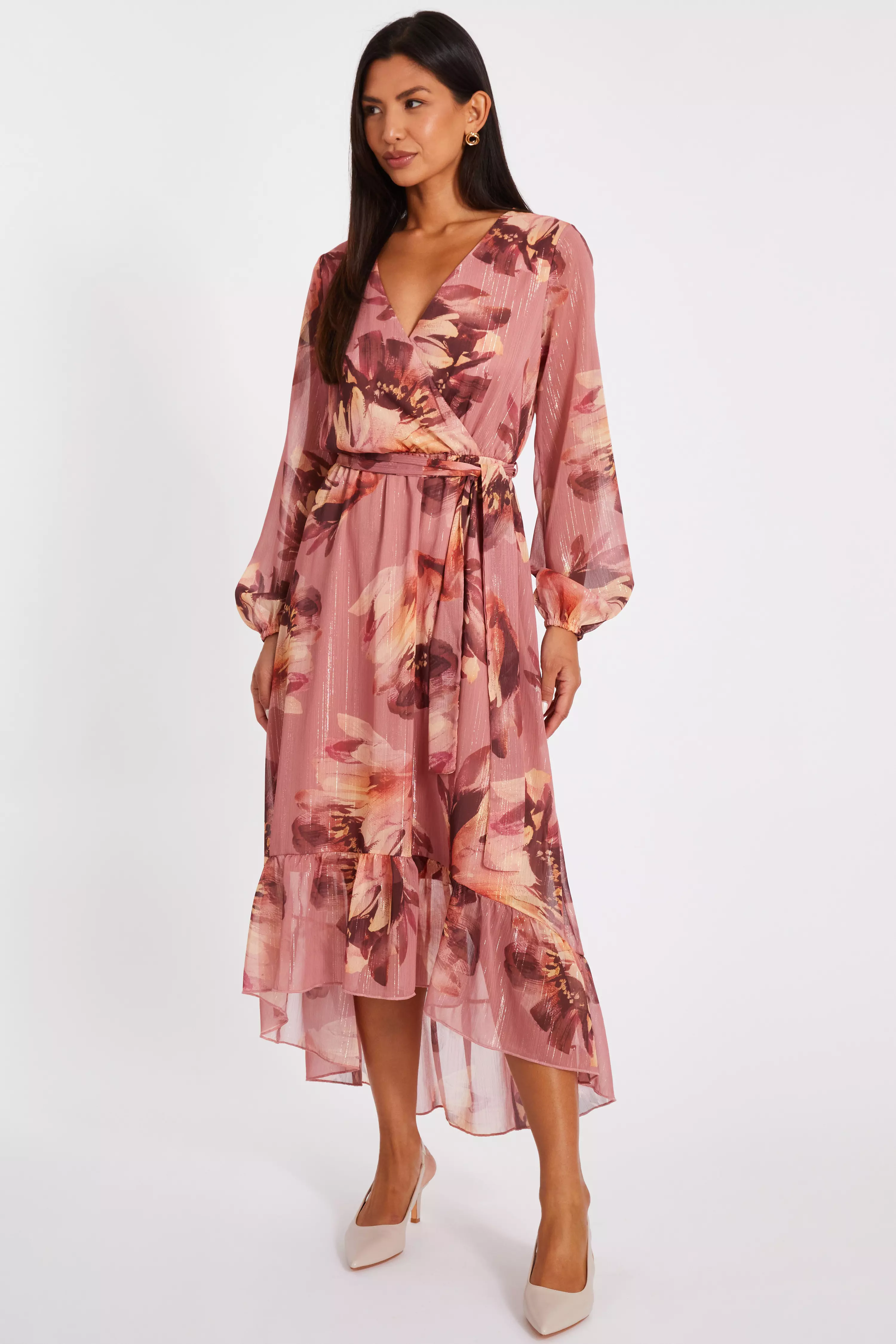 Mauve Floral Dip Hem Midaxi Dress