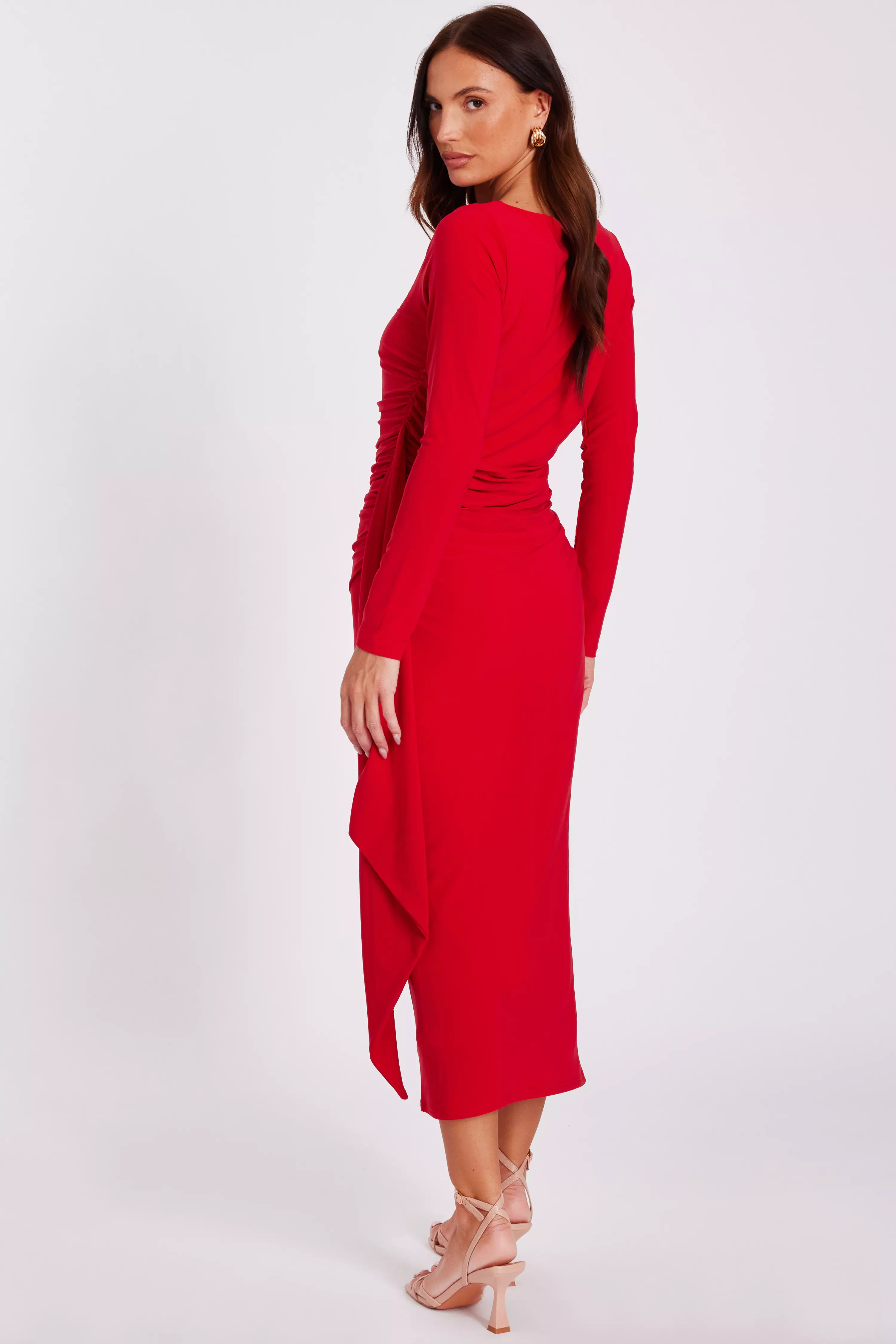 Red Ruffle Side Midi Dress