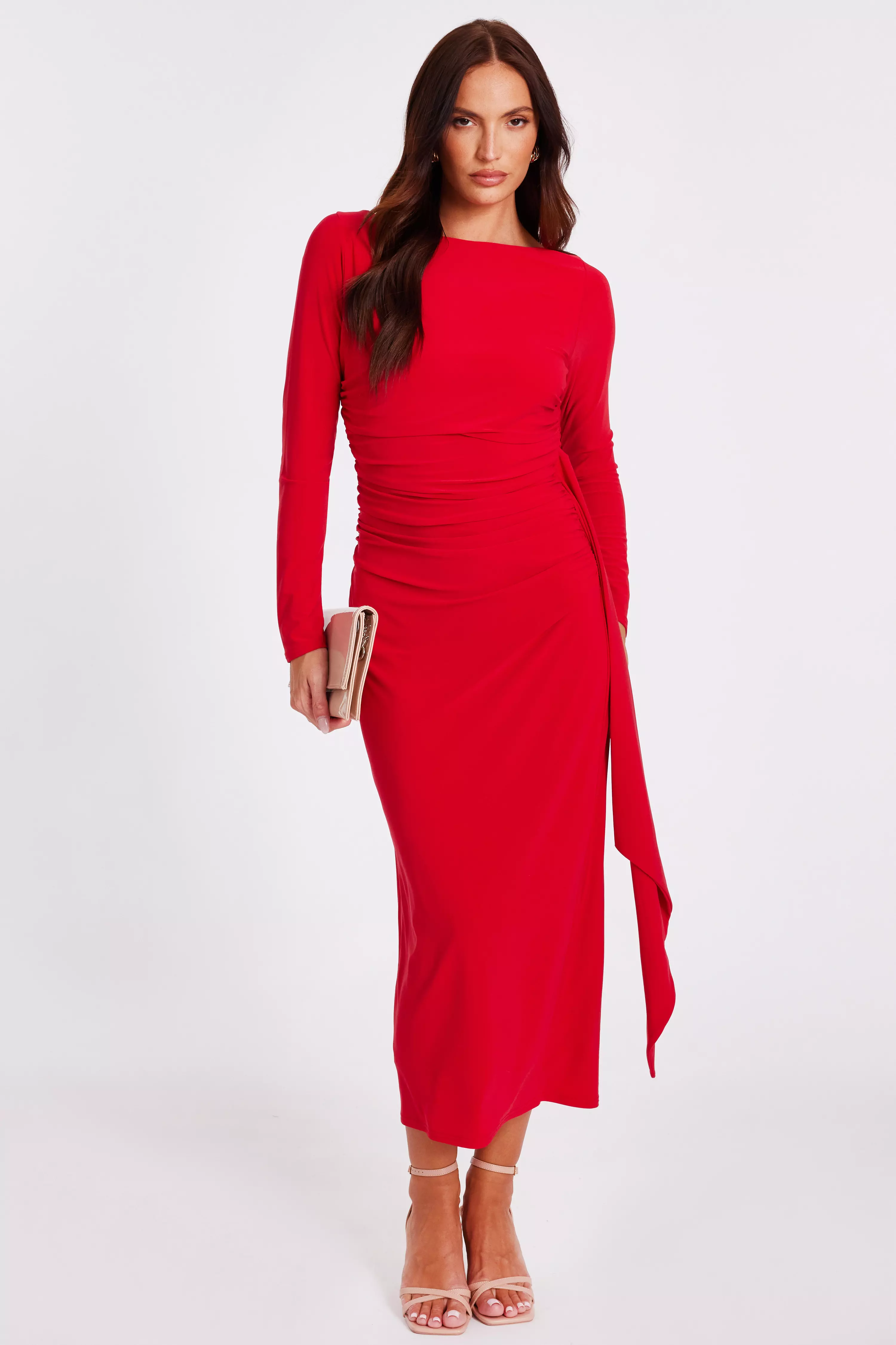 Red Ruffle Side Midi Dress