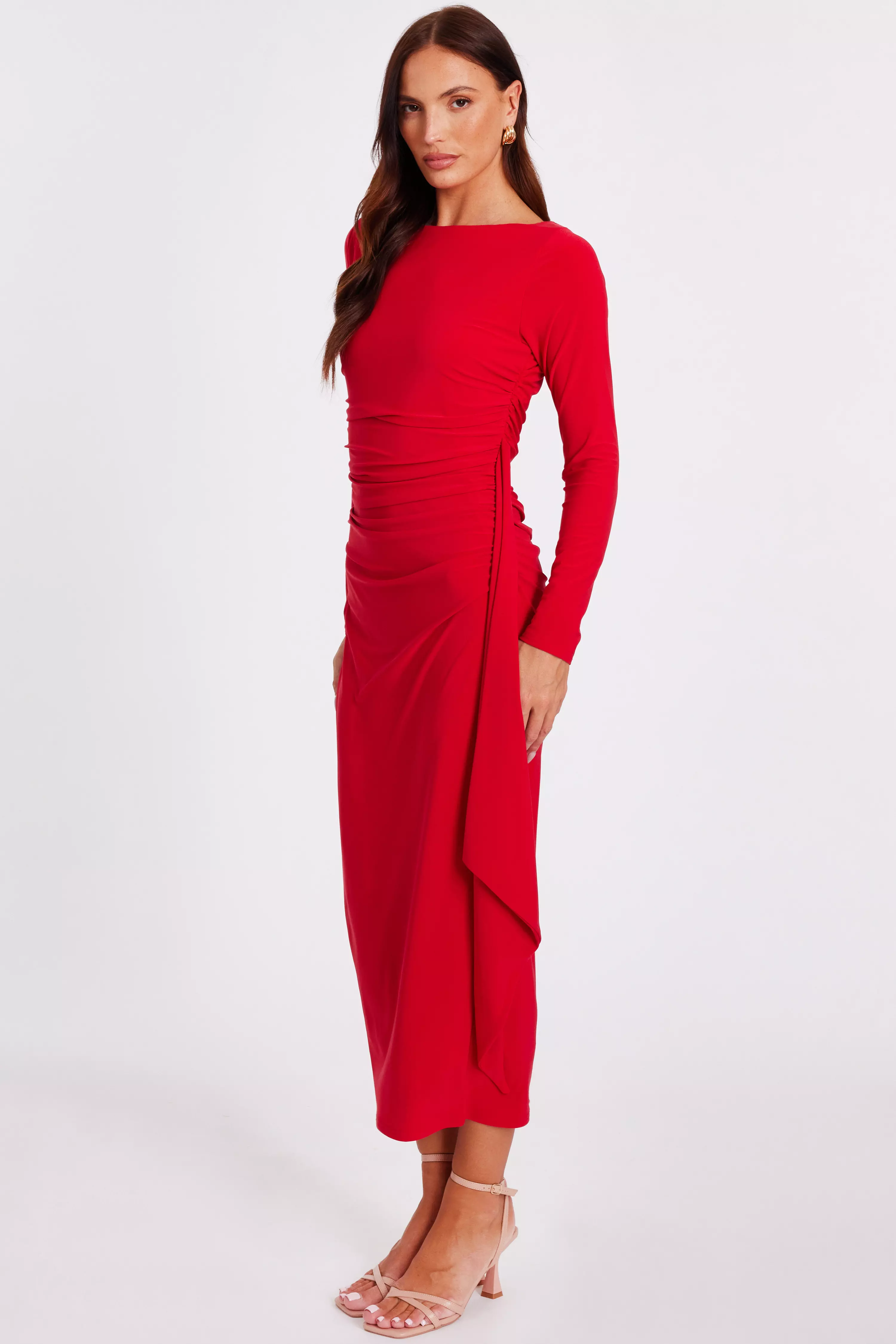 Red Ruffle Side Midi Dress