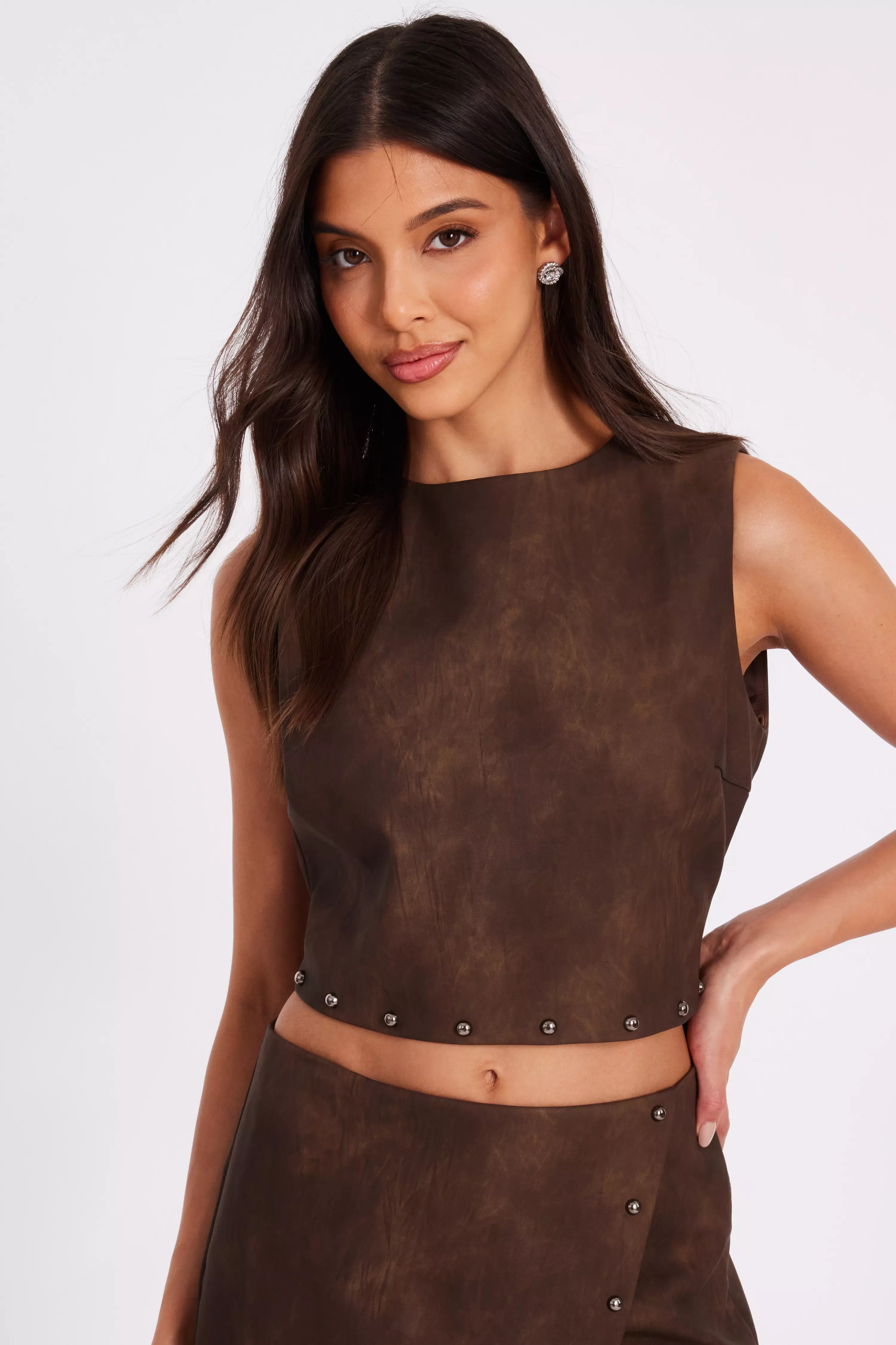 Brown Studded Faux Leather Top