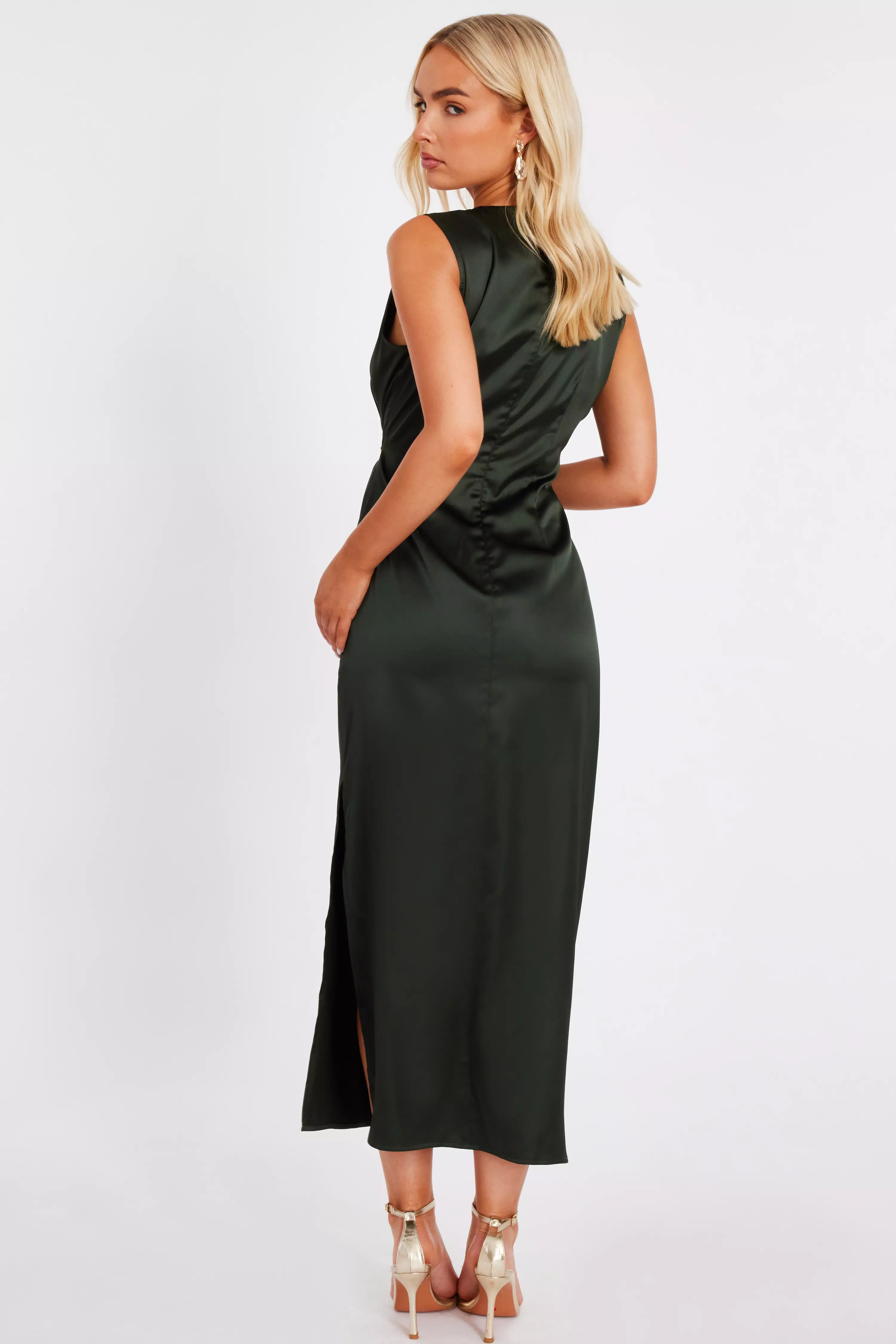 Khaki Satin Buckle Side Midaxi Dress