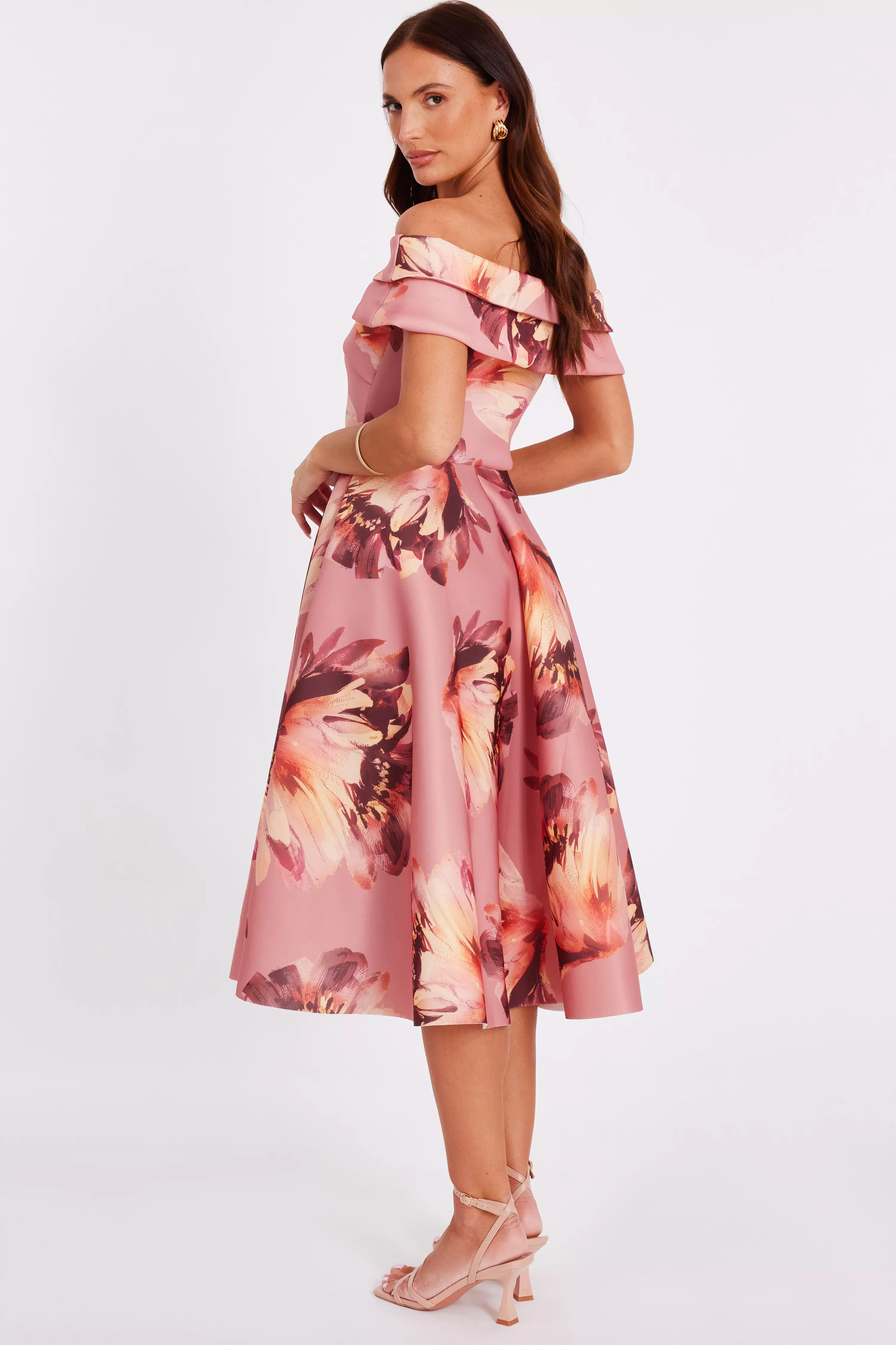 Mauve Floral Bardot Midi Dress