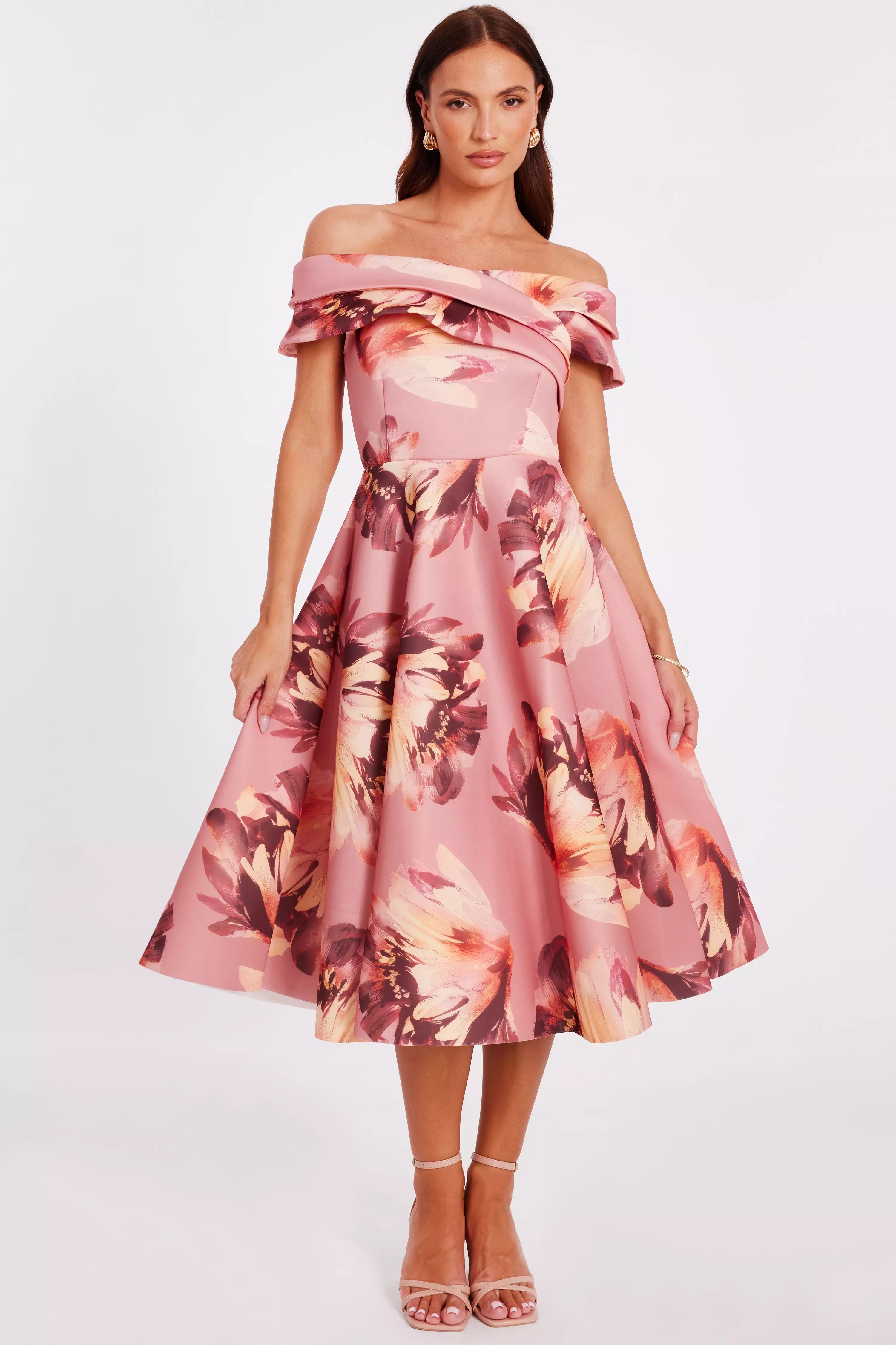 Mauve Floral Bardot Midi Dress
