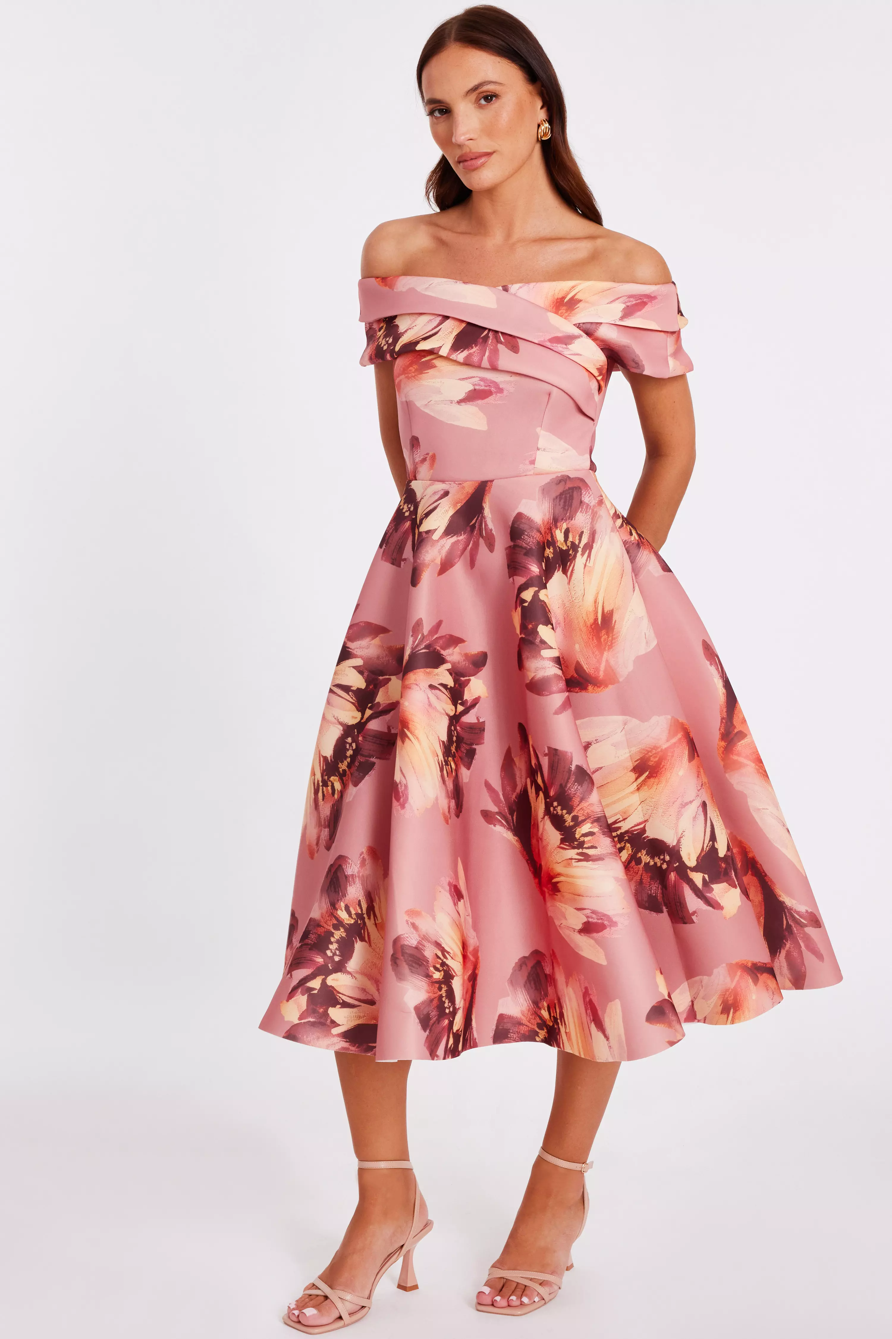 Mauve Floral Bardot Midi Dress