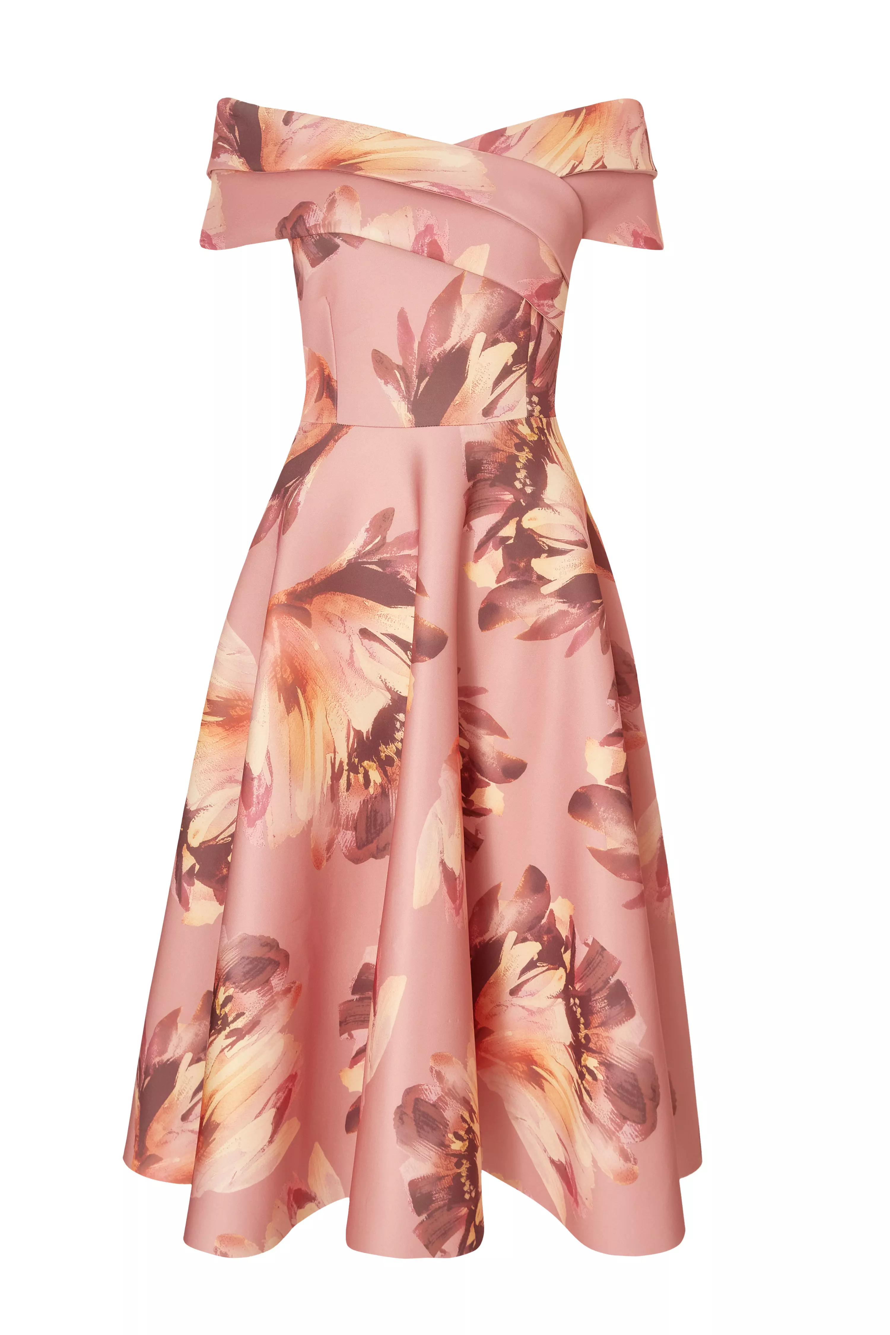 Mauve Floral Bardot Midi Dress