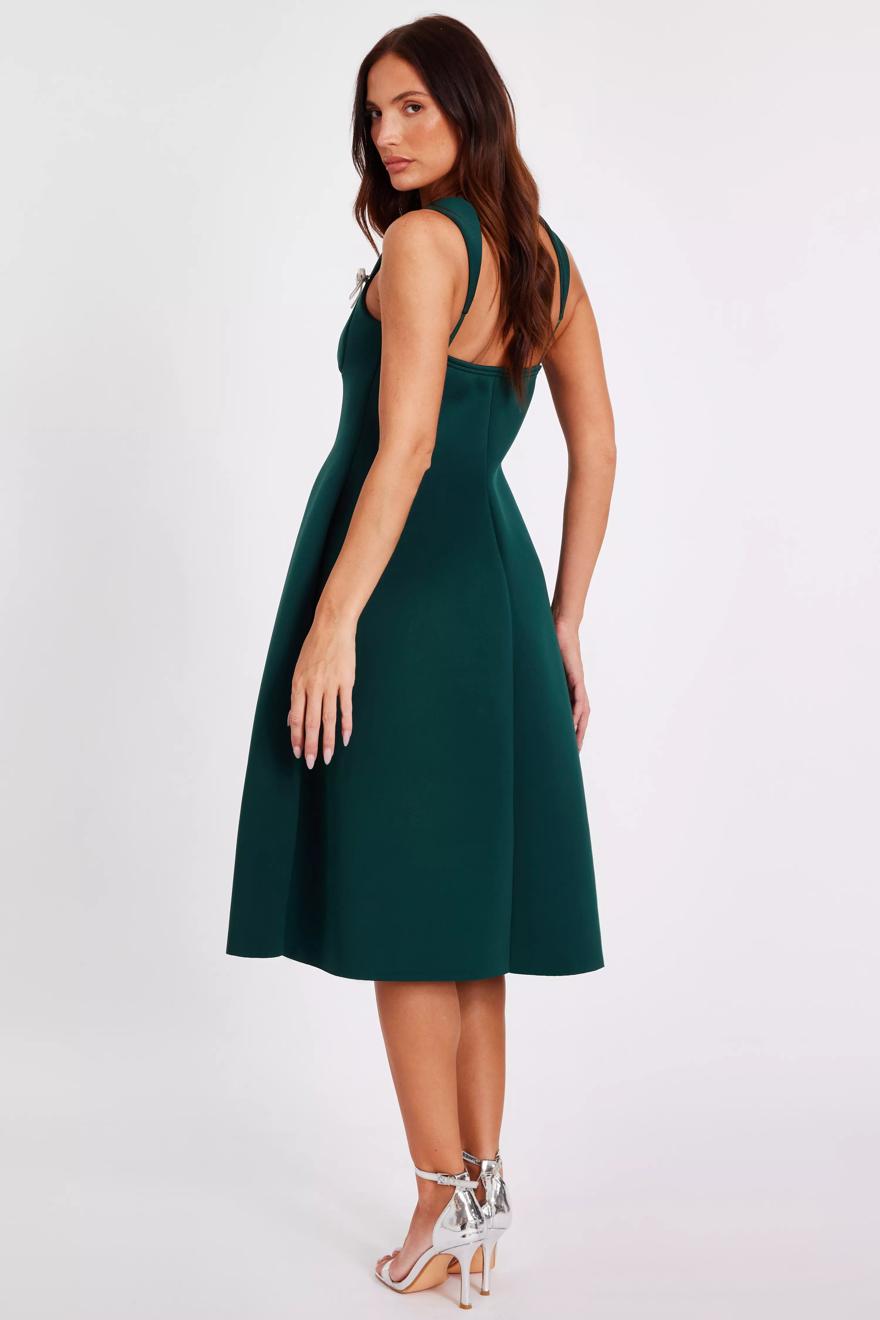 Dark Green Diamante Bow Midi Dress