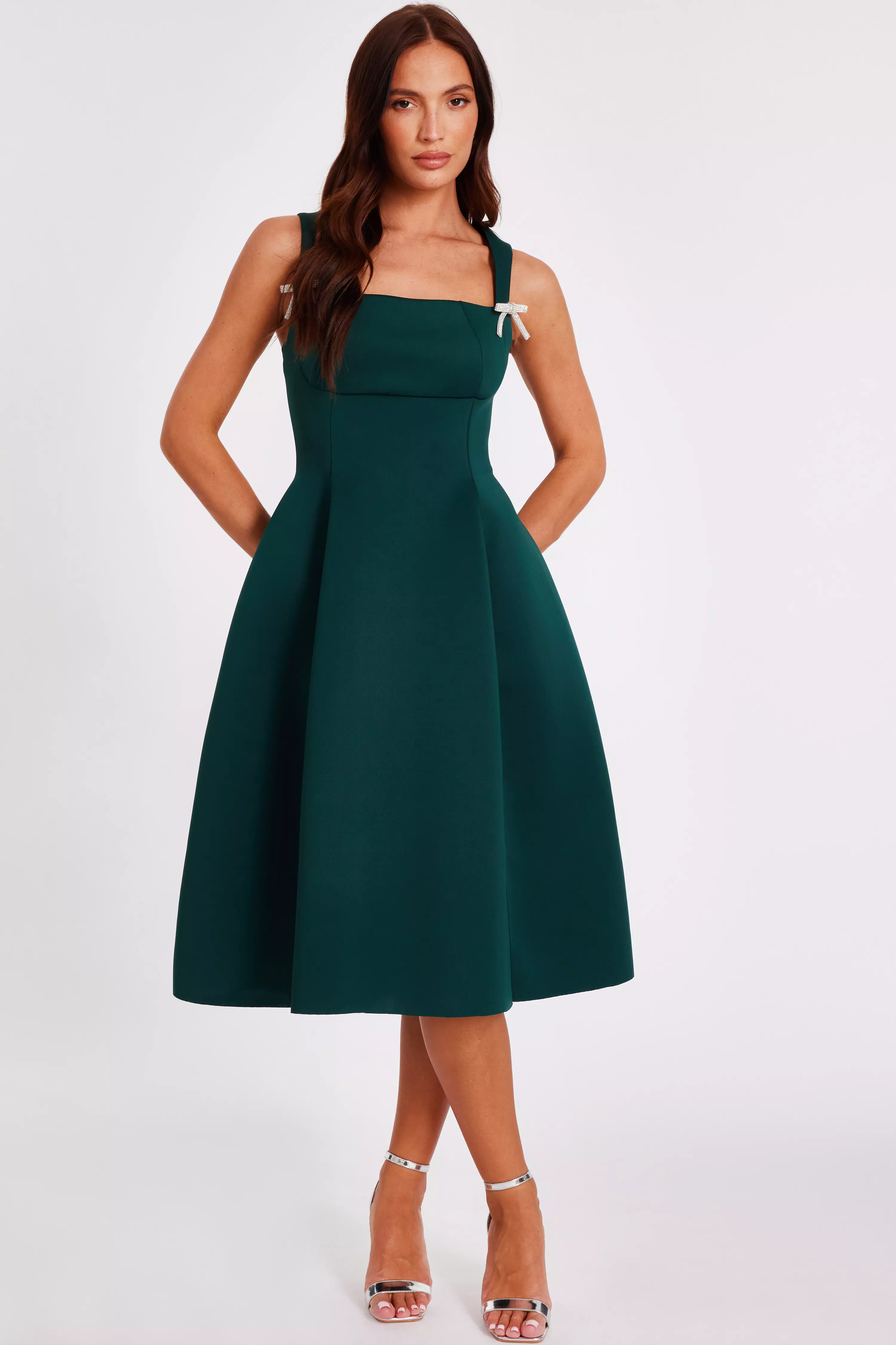 Dark Green Diamante Bow Midi Dress