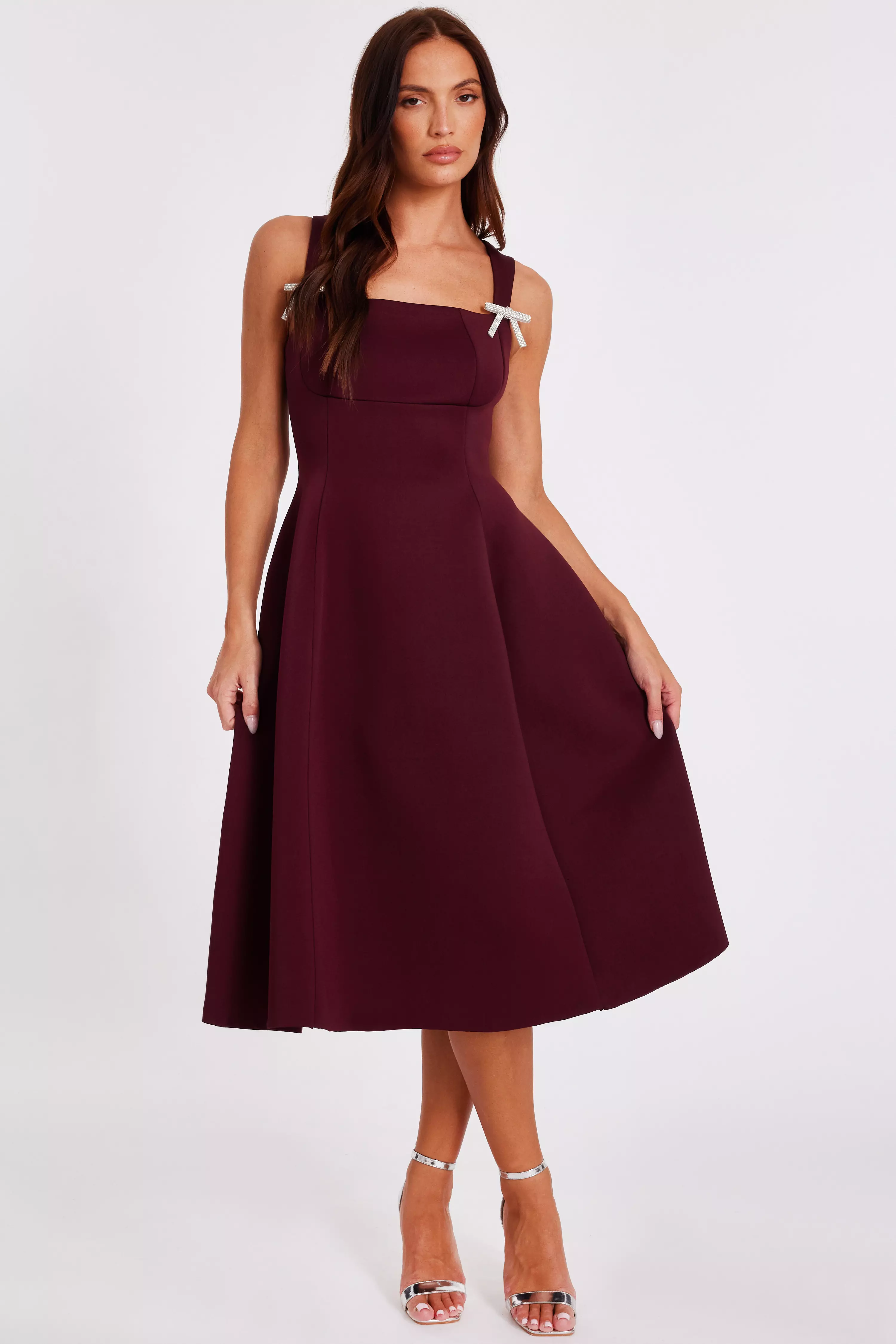 Dark Red Diamante Bow Midi Dress