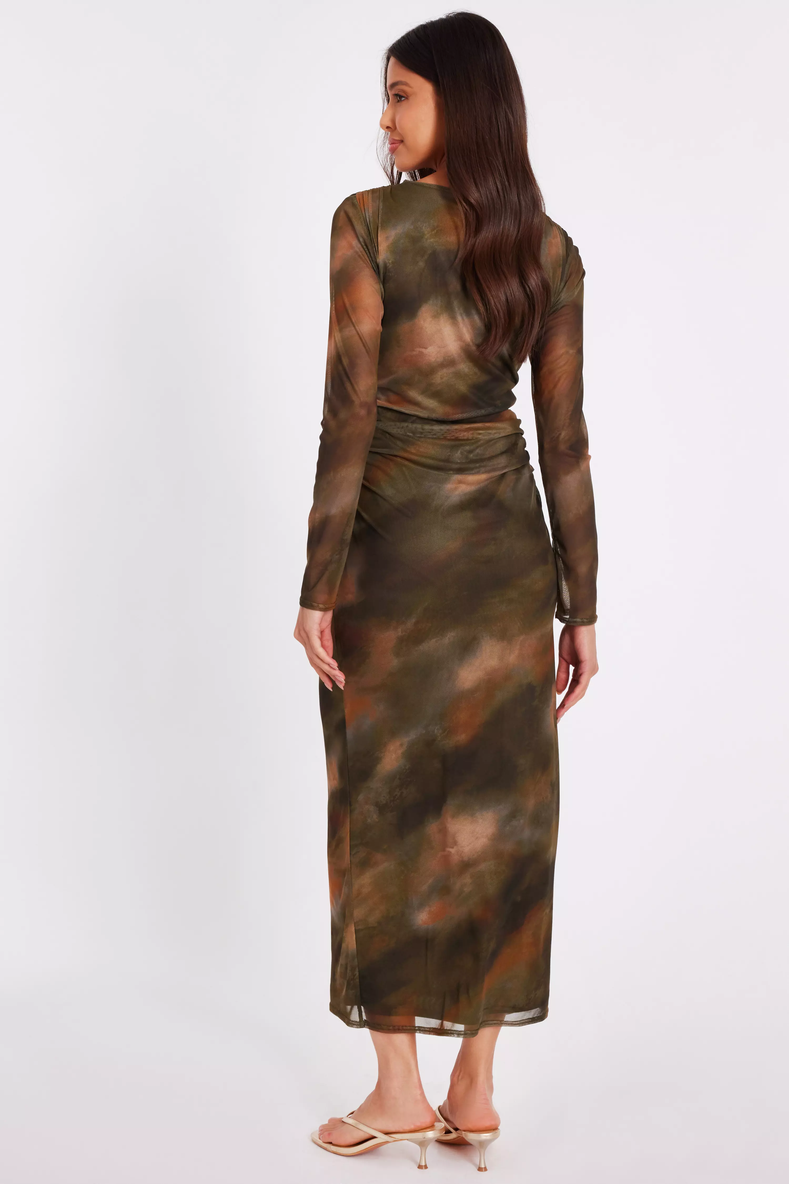 Khaki Printed Long Sleeve Midaxi Dress