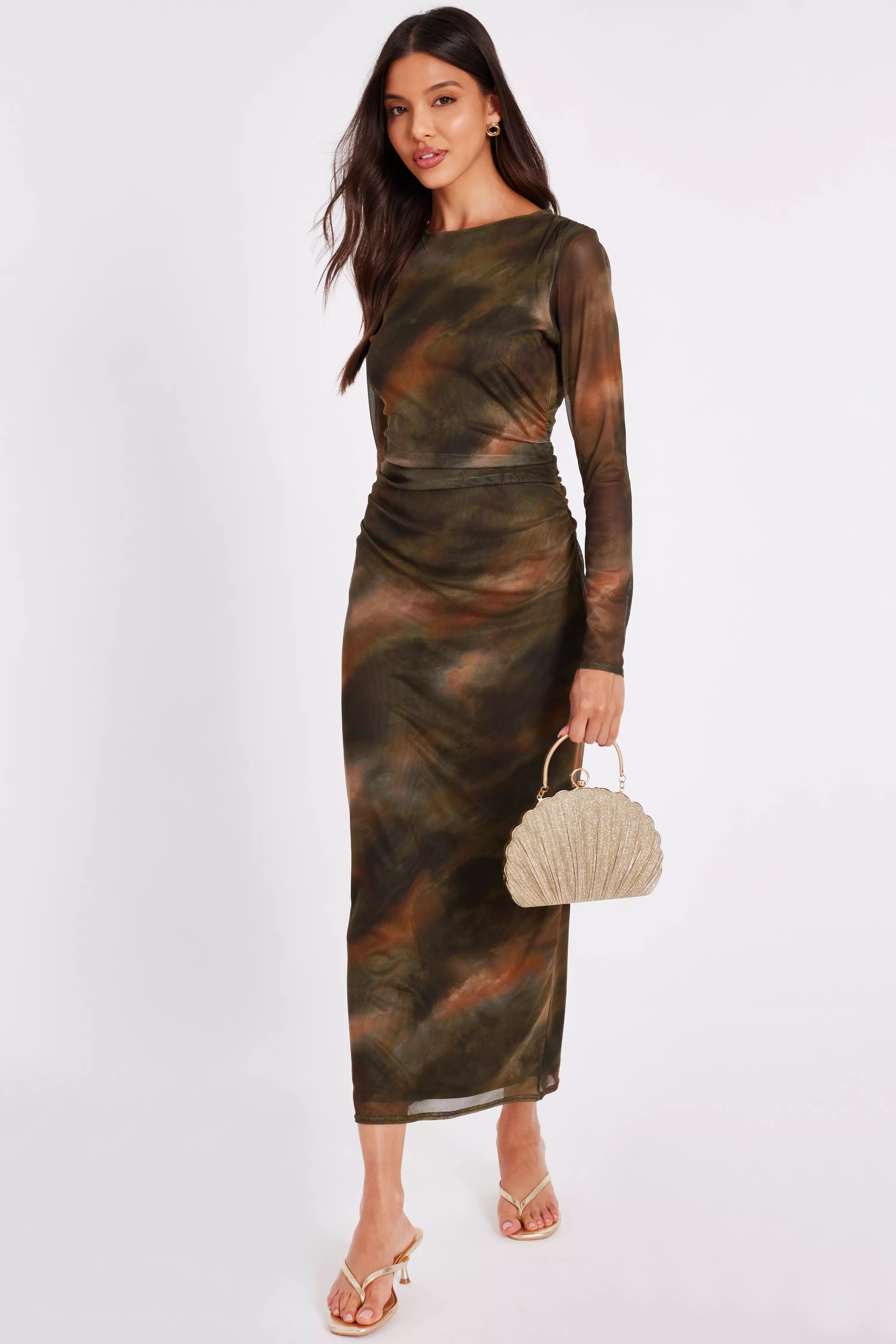 Khaki Printed Long Sleeve Midaxi Dress