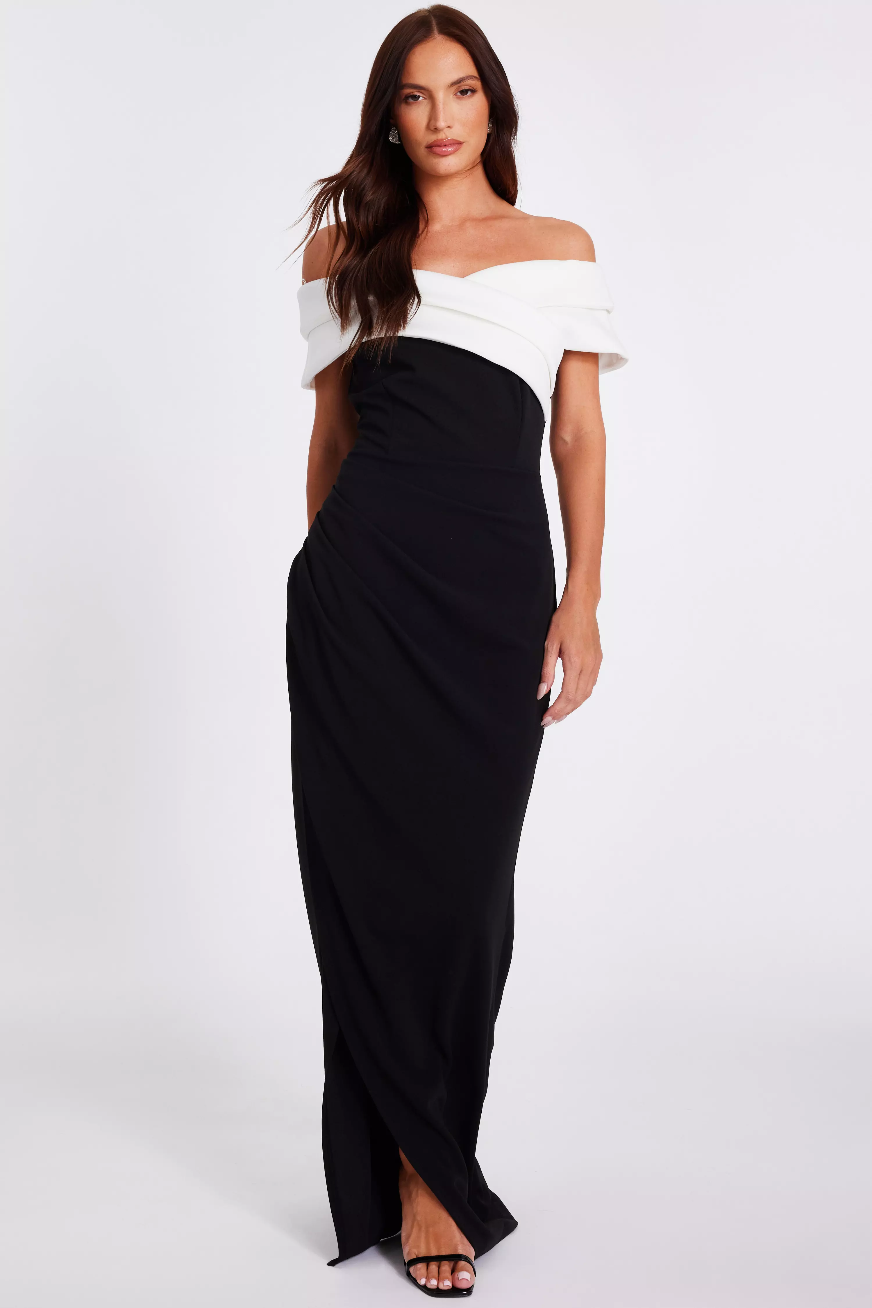Black Pleated Bardot Maxi Dress