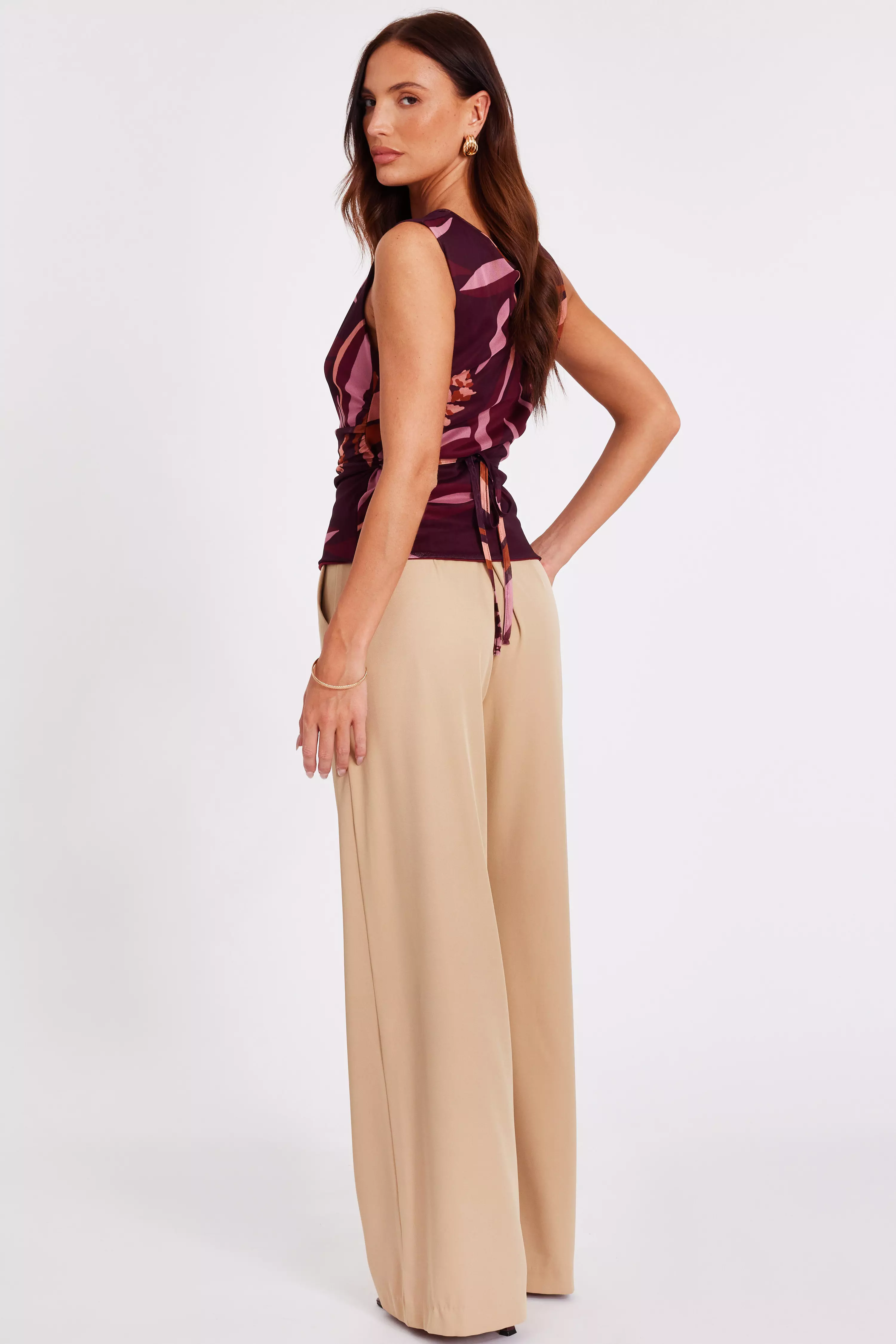 Dark Red Floral Cowl Neck Top