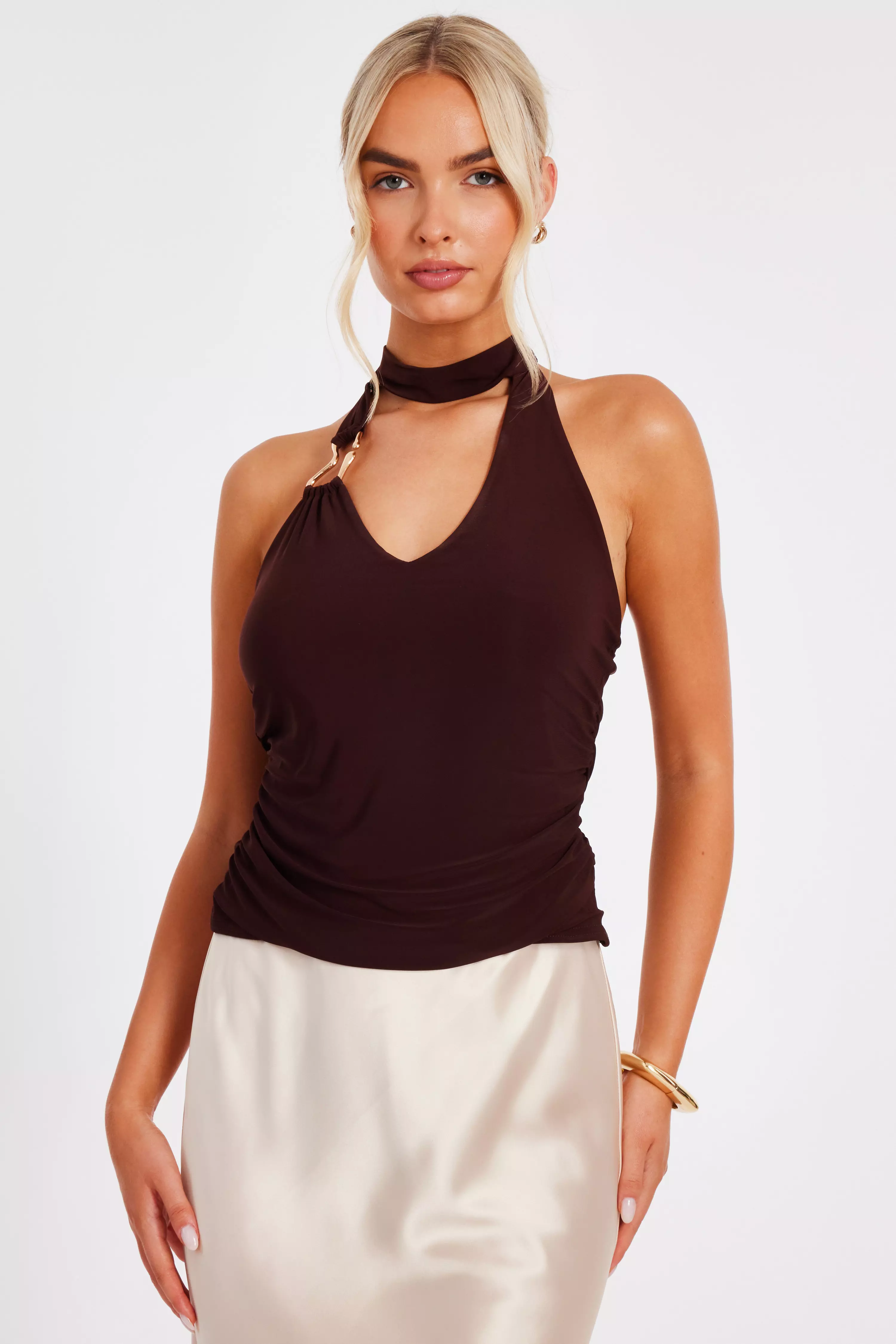 Brown Buckle Halter Neck Top
