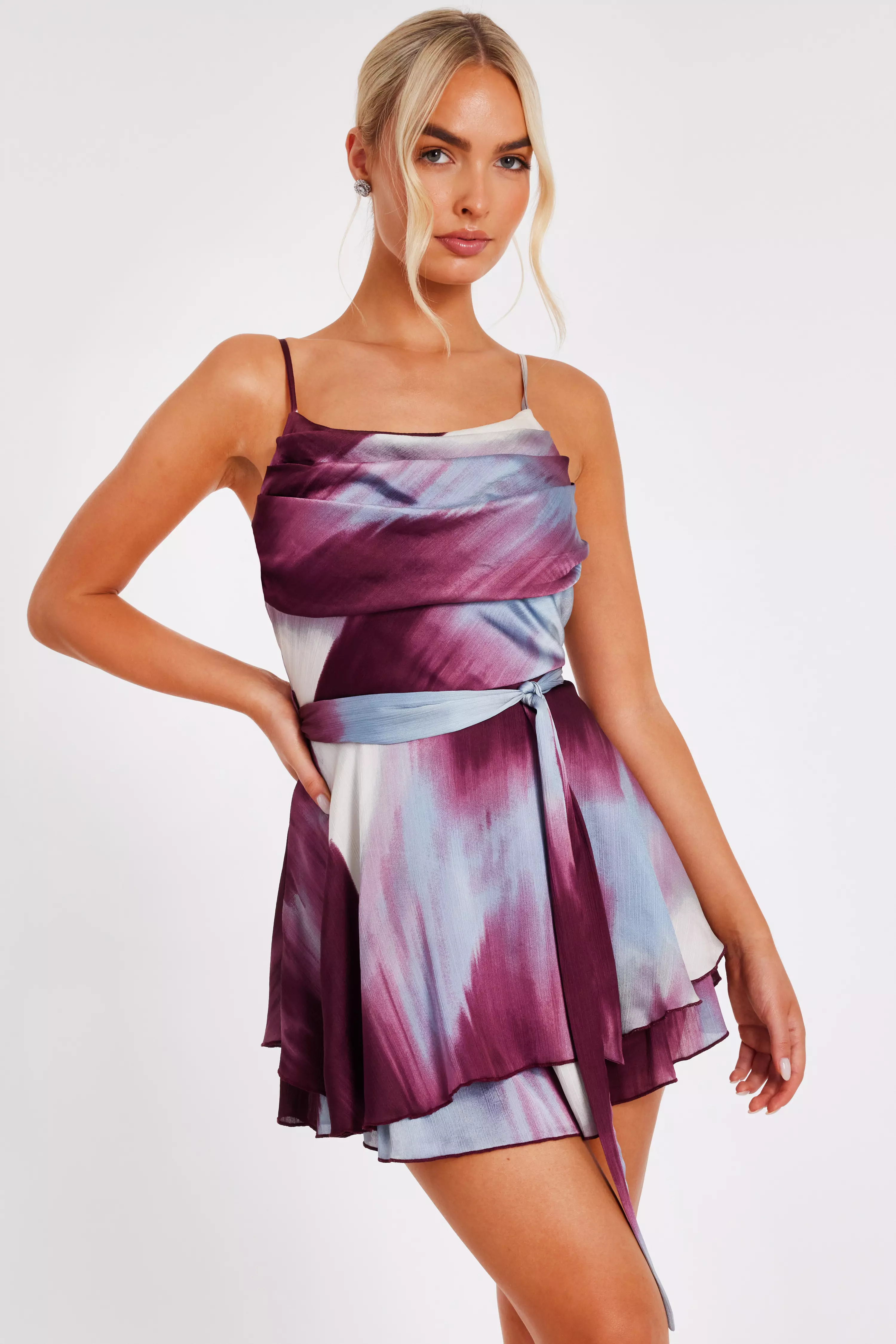 Dark Red Satin Printed Playsuit