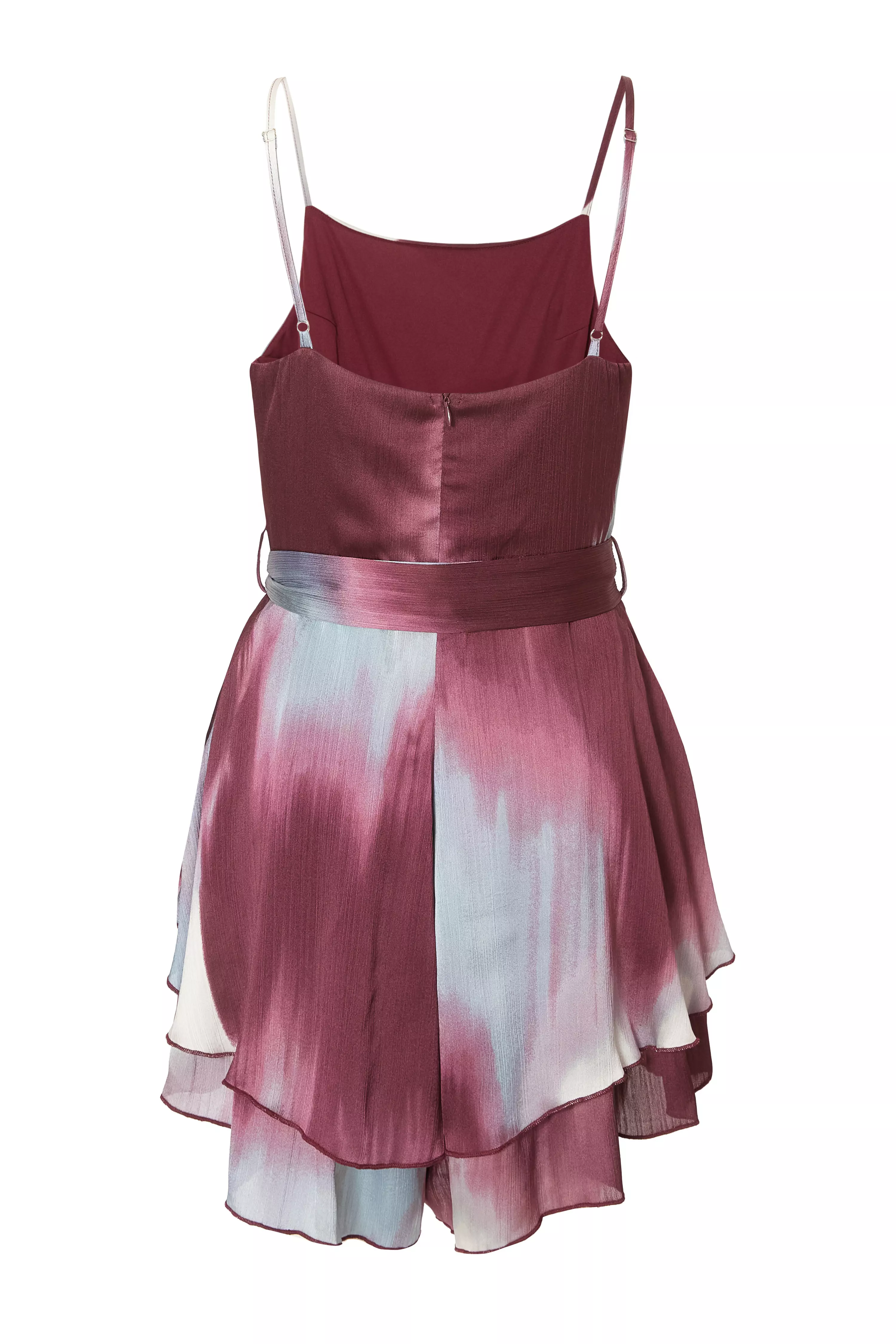 Dark Red Satin Printed Playsuit