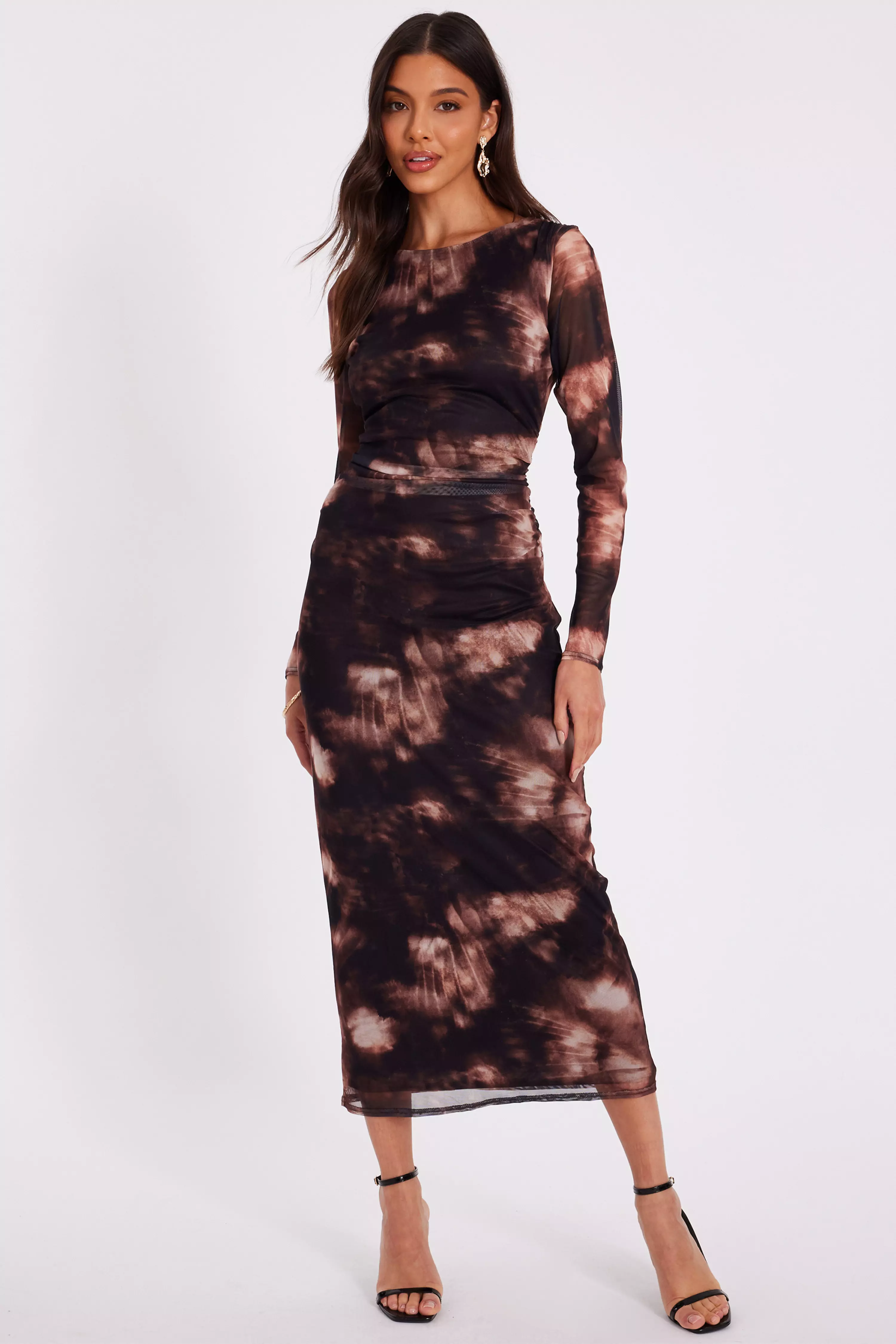 Black Printed Long Sleeve Midaxi Dress