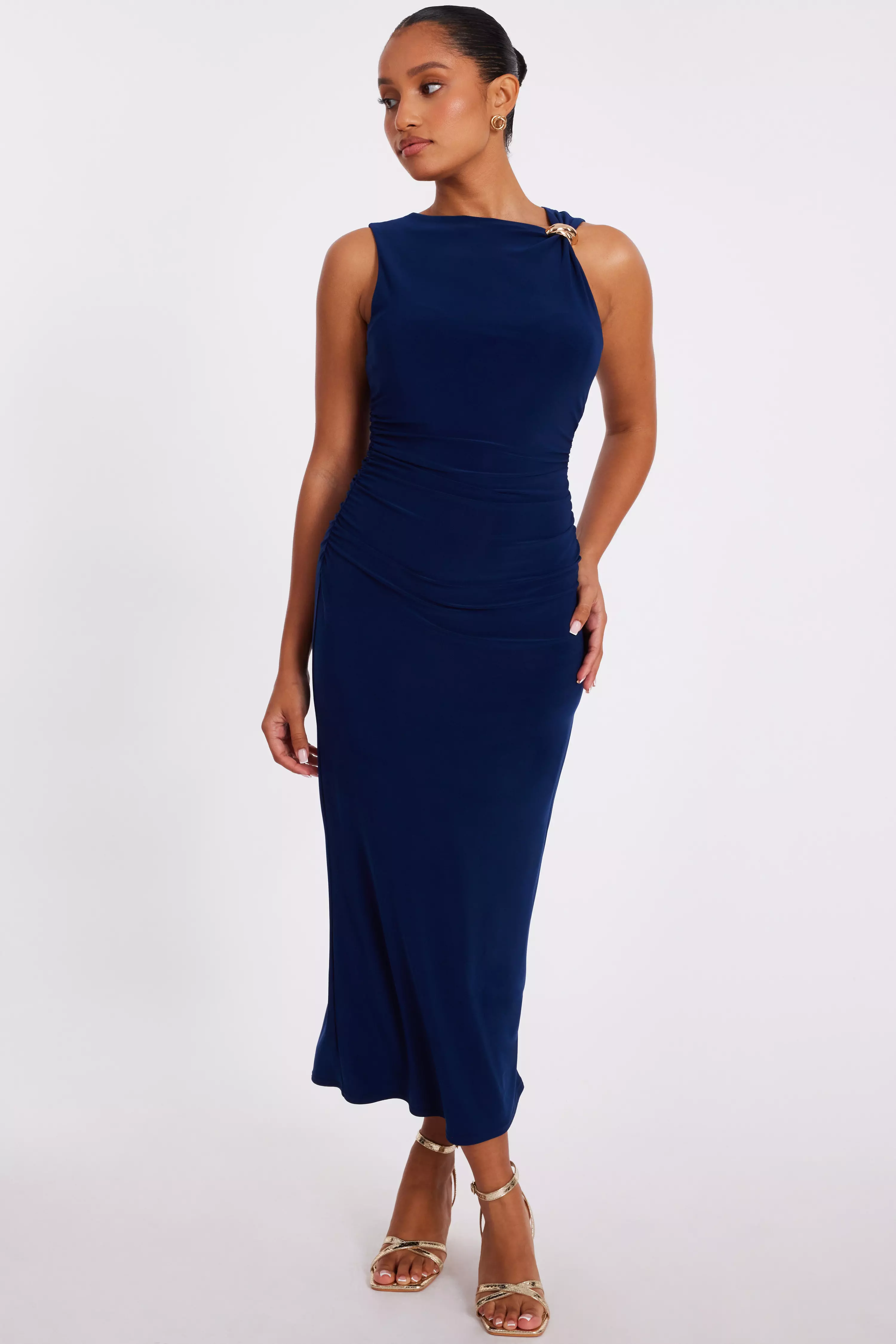 Petite Navy Gold Buckle Midaxi Dress