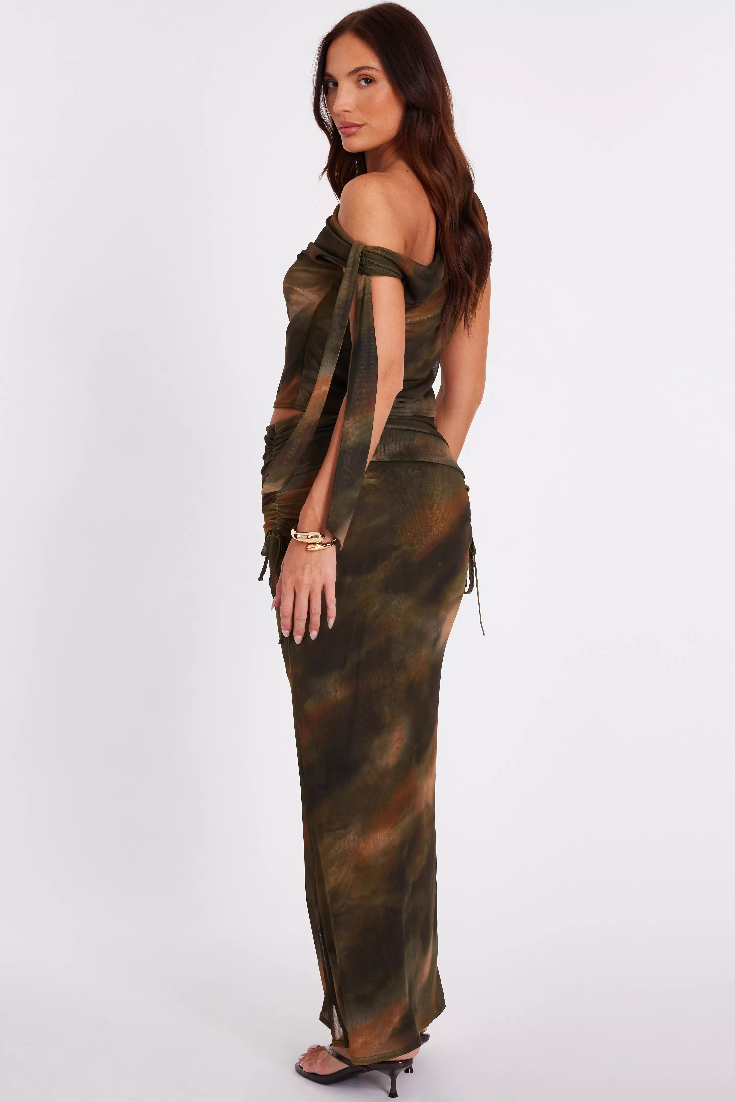 Khaki Mesh Ruched Midaxi Skirt