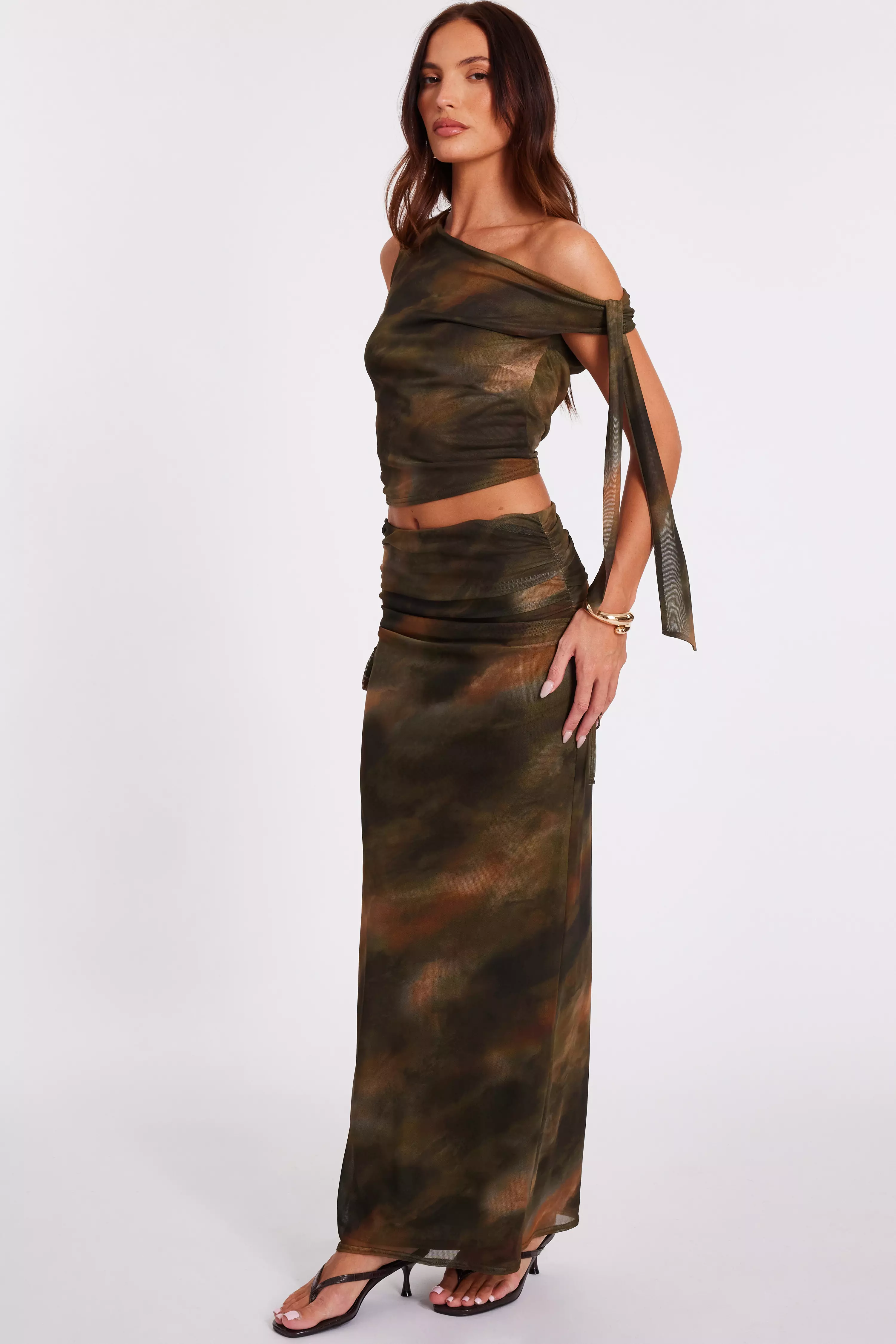 Khaki Mesh Ruched Midaxi Skirt