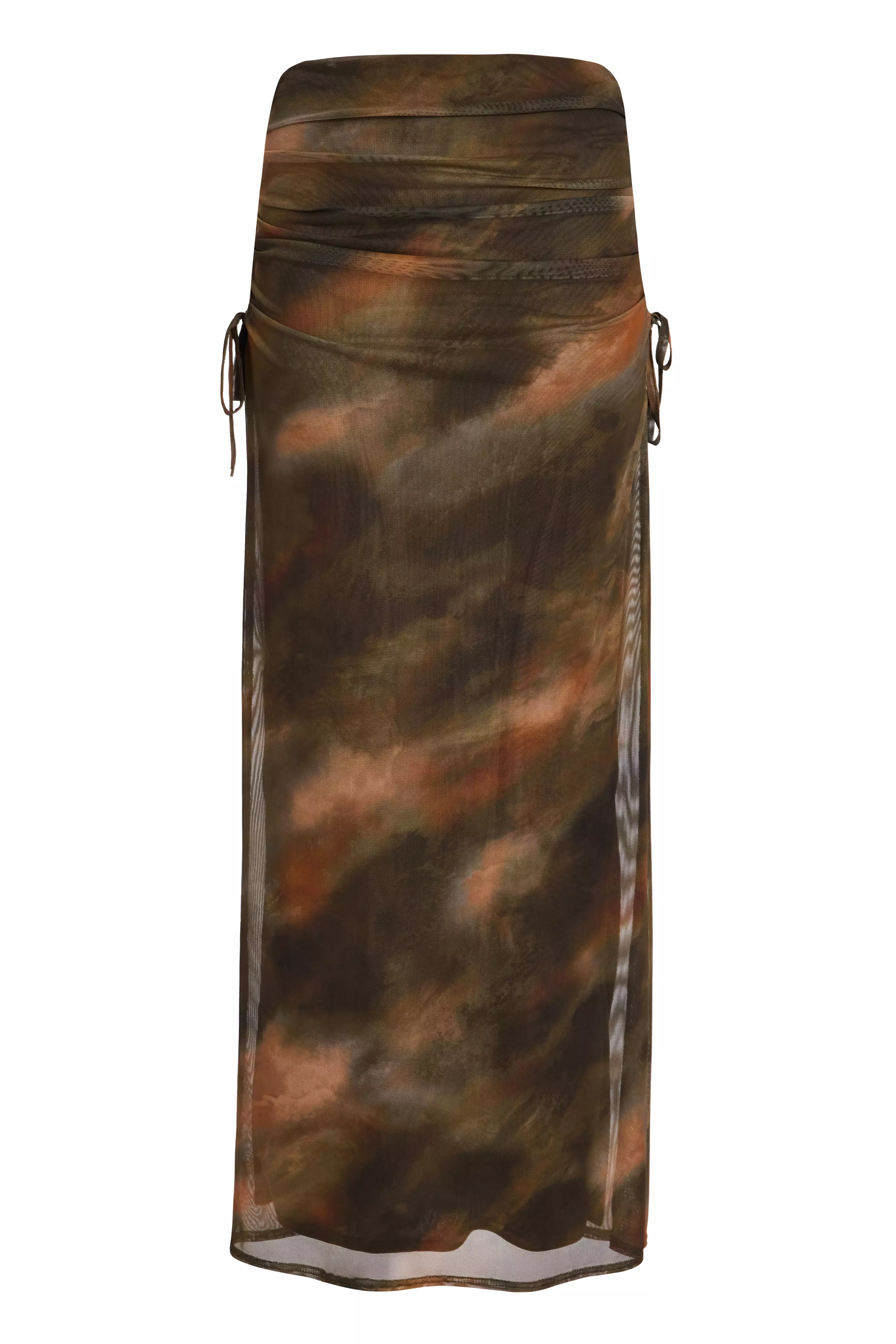 Khaki Mesh Ruched Midaxi Skirt