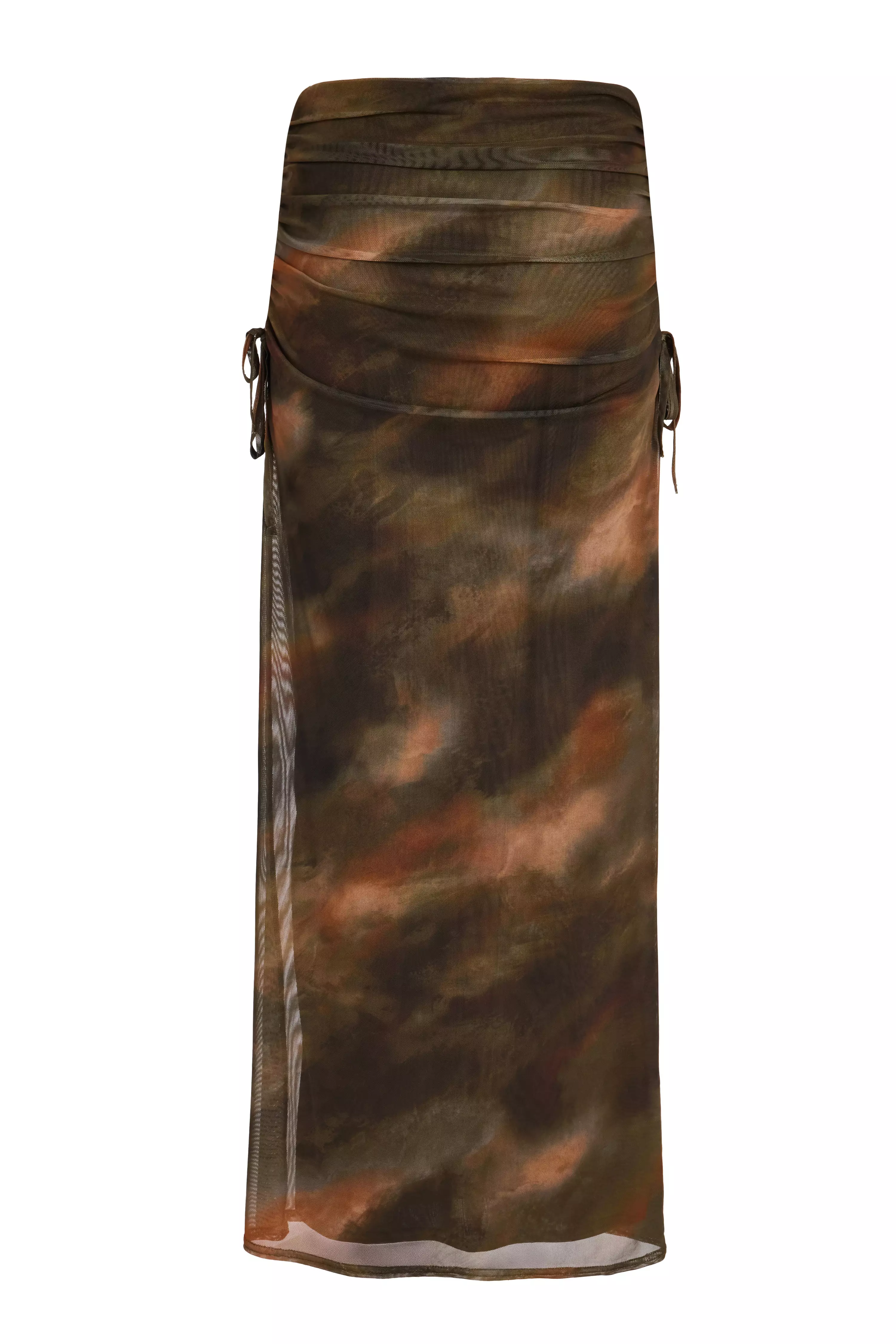 Khaki Mesh Ruched Midaxi Skirt