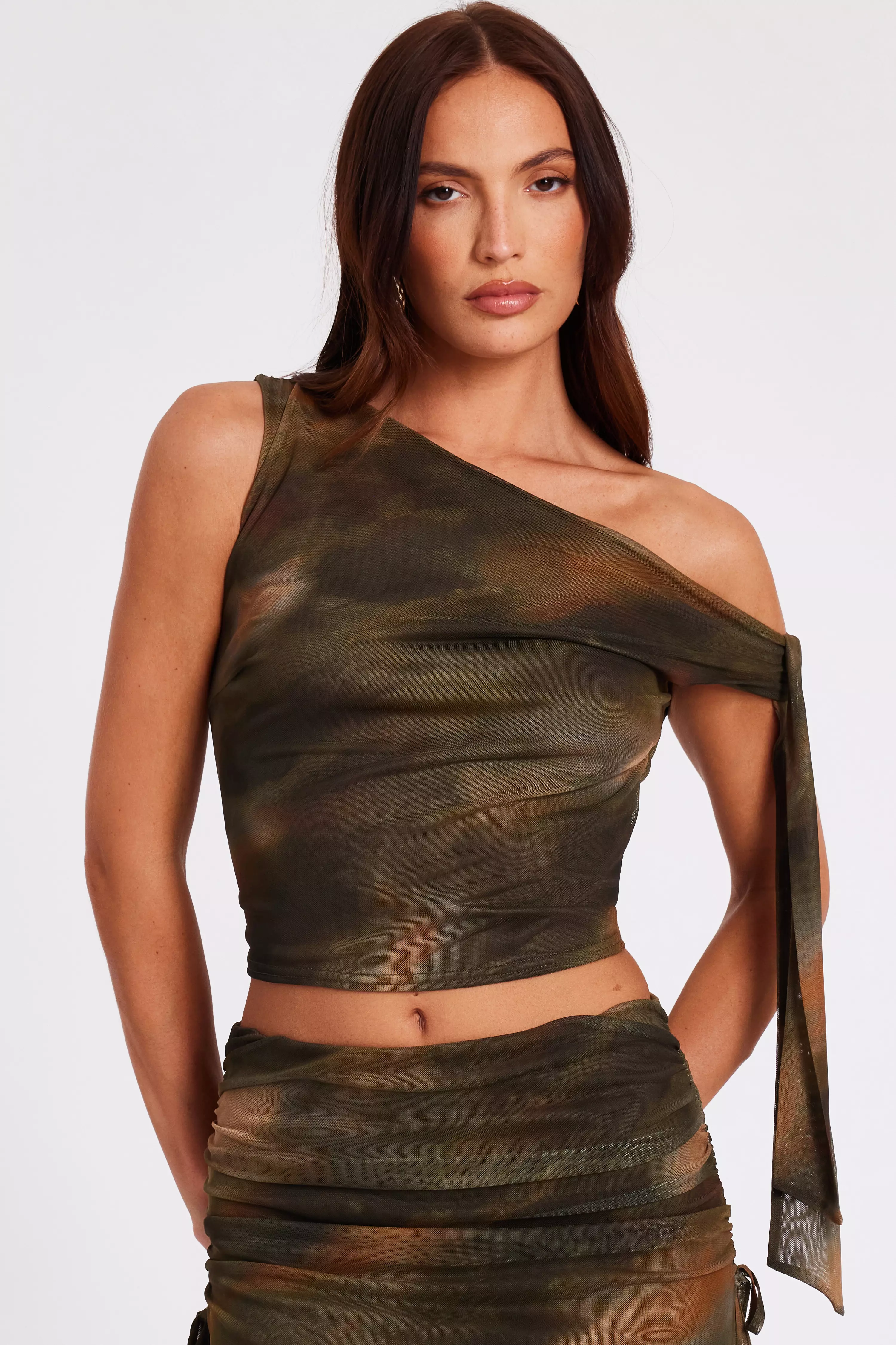 Khaki Mesh Tie Shoulder Crop Top