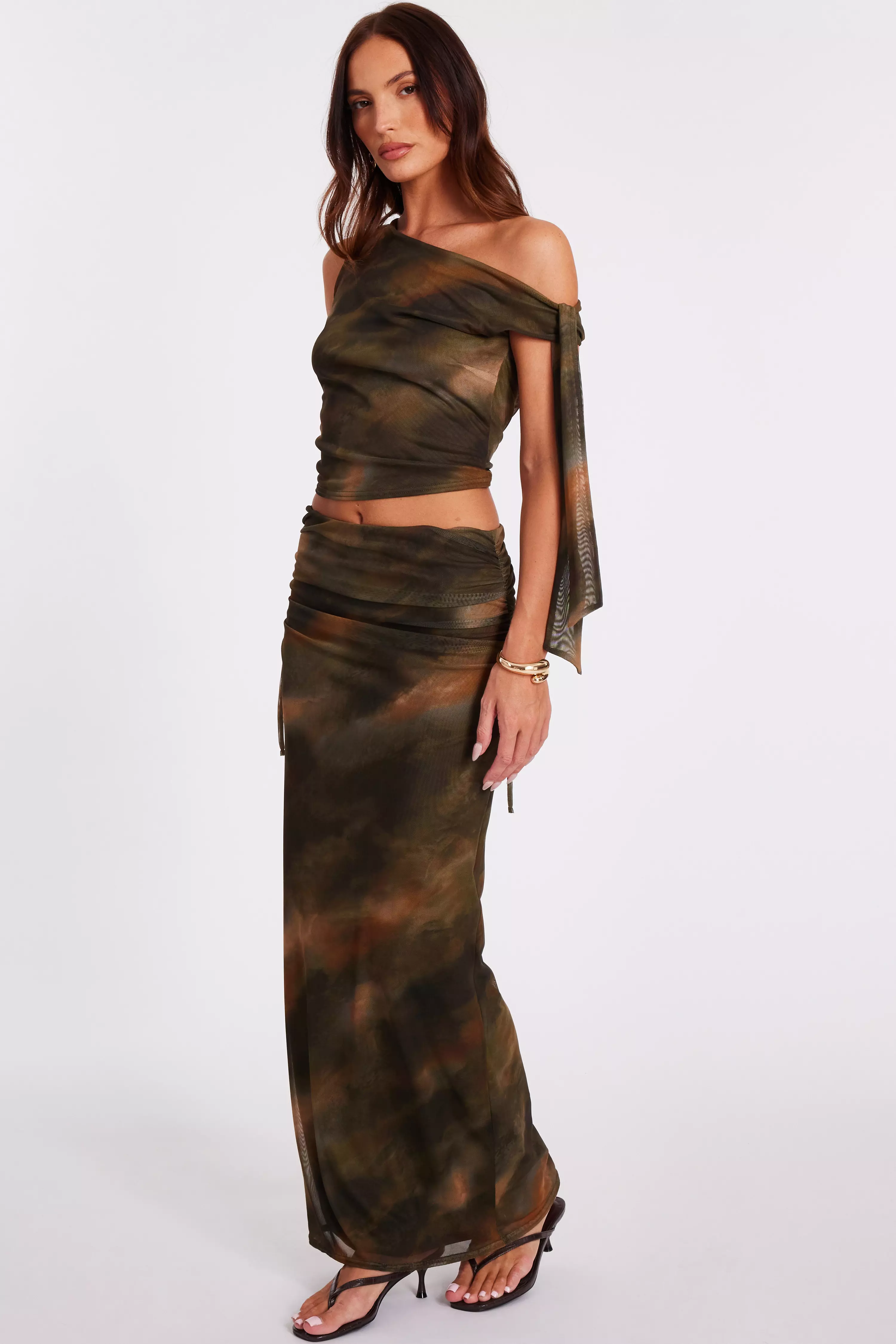 Khaki Mesh Tie Shoulder Crop Top