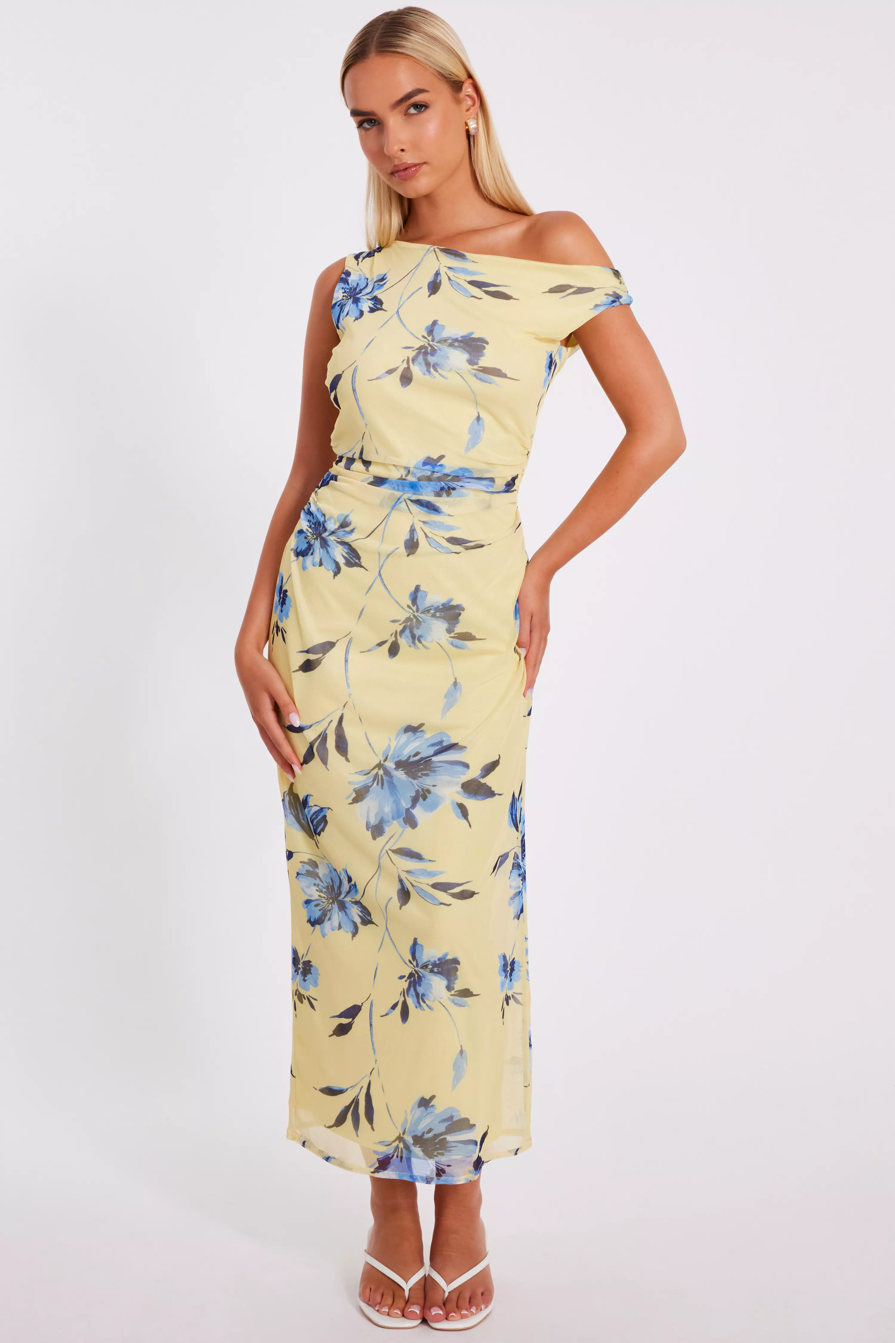 Lemon Floral Drop Sleeve Midaxi Dress