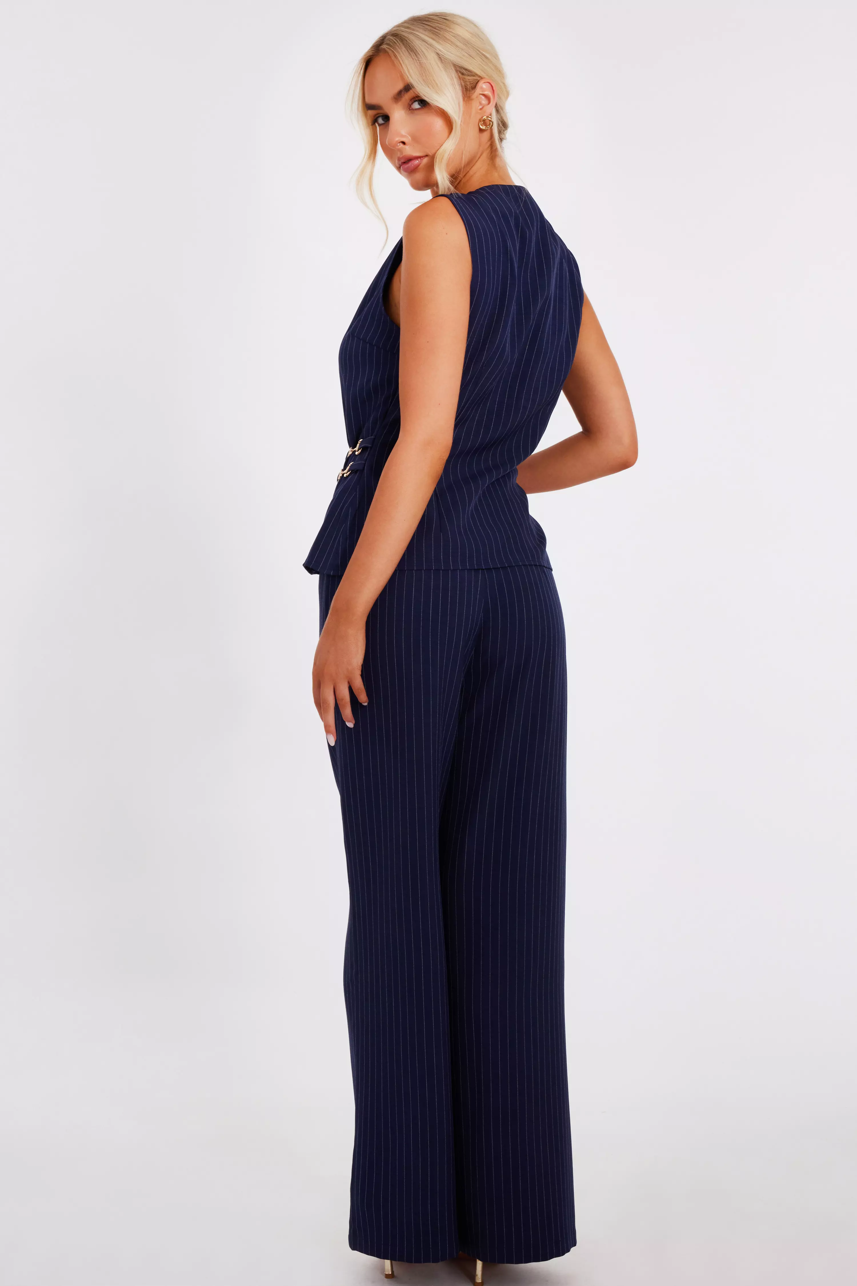 Navy Pinstripe Wide Leg Trousers