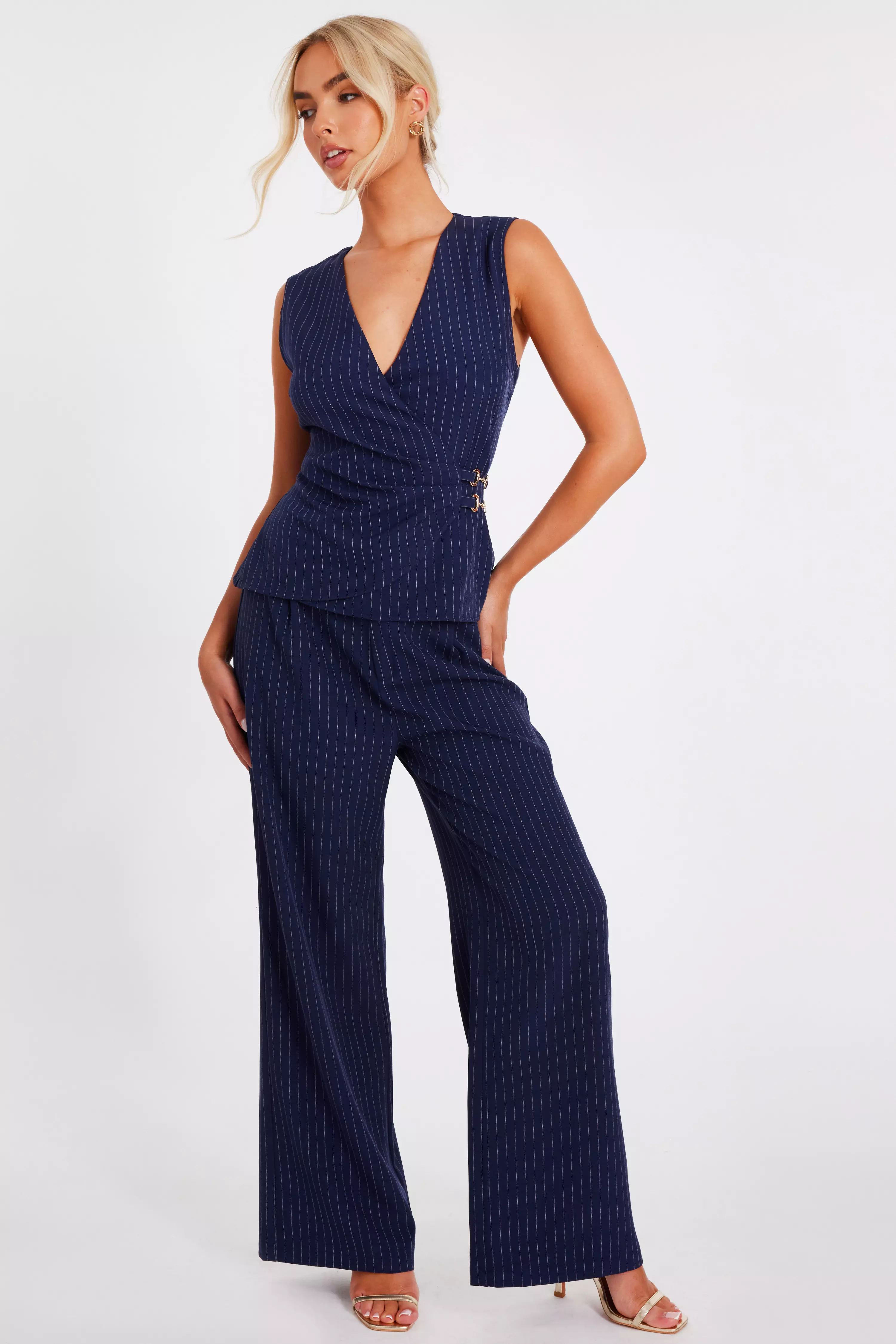 Navy Pinstripe Wide Leg Trousers